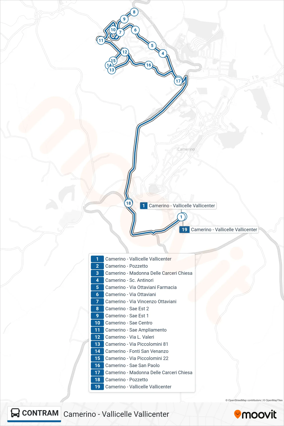 Linea CONTRAM  bus (Camerino - Vallicelle Vallicenter) - Percorsi e fermate sulla mappa