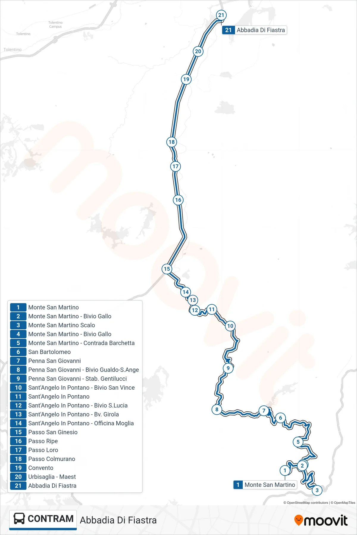 Linea CONTRAM bus (Abbadia Di Fiastra) - Percorsi e fermate sulla mappa