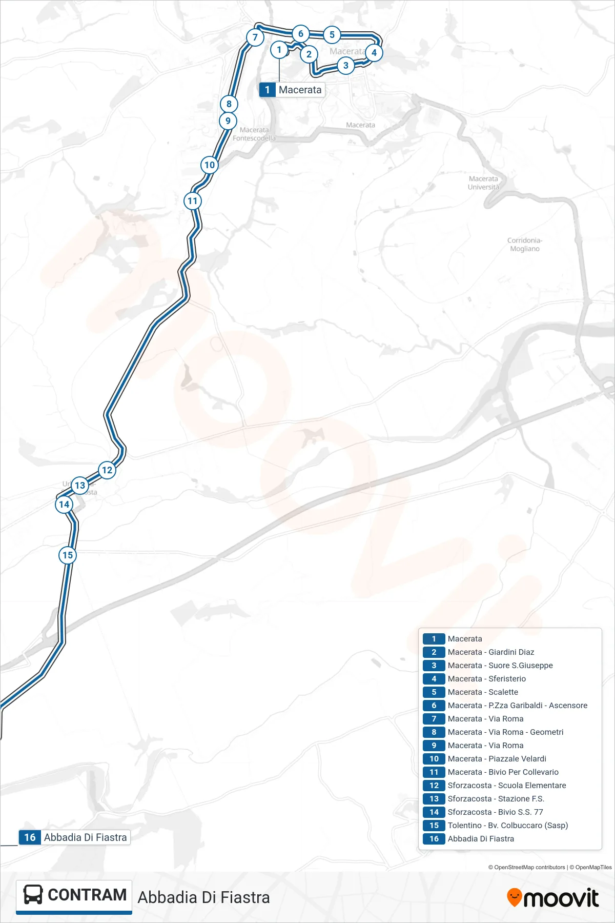 Linea CONTRAM  bus (Abbadia Di Fiastra) - Percorsi e fermate sulla mappa