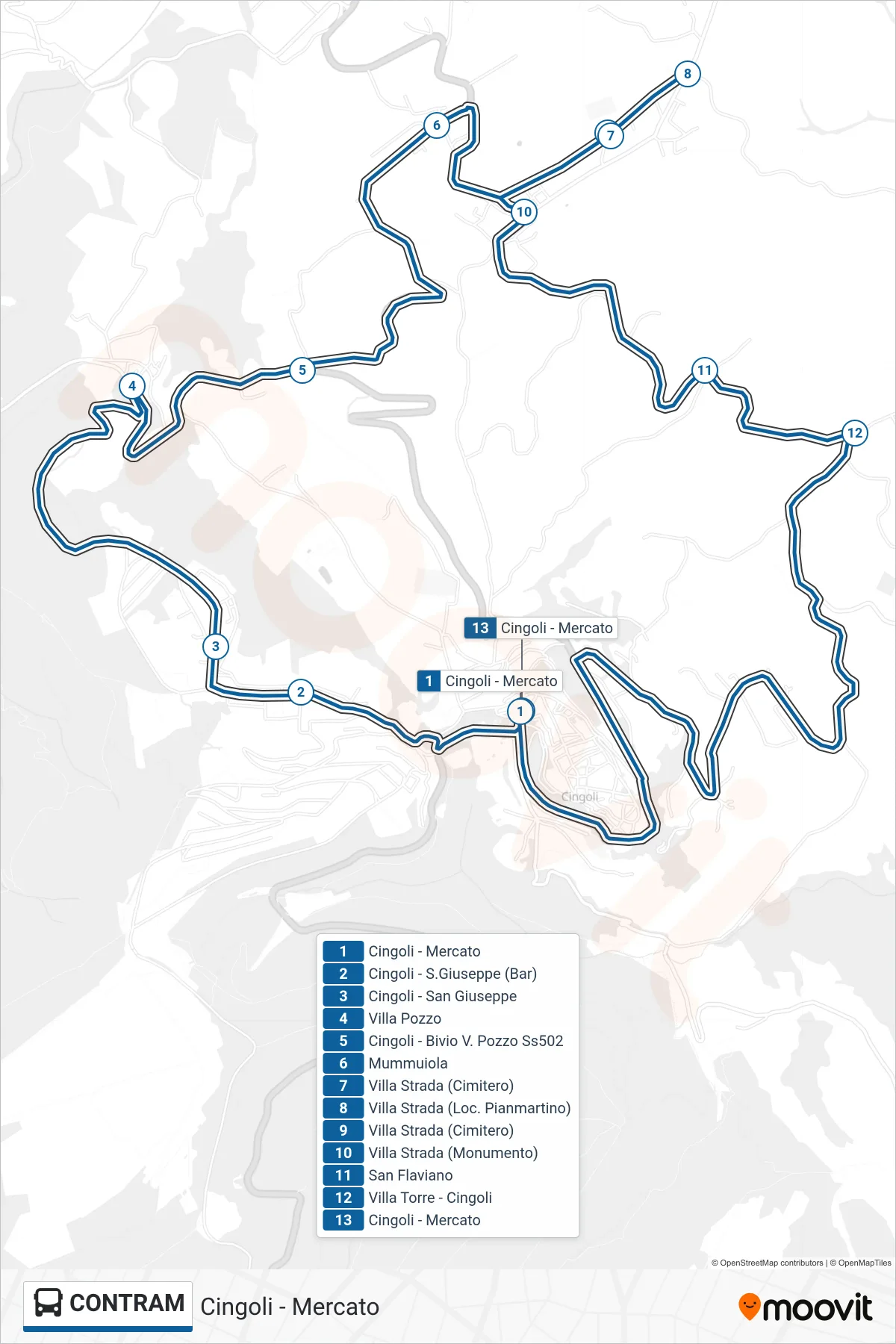 Linea CONTRAM  bus (Cingoli - Mercato) - Percorsi e fermate sulla mappa
