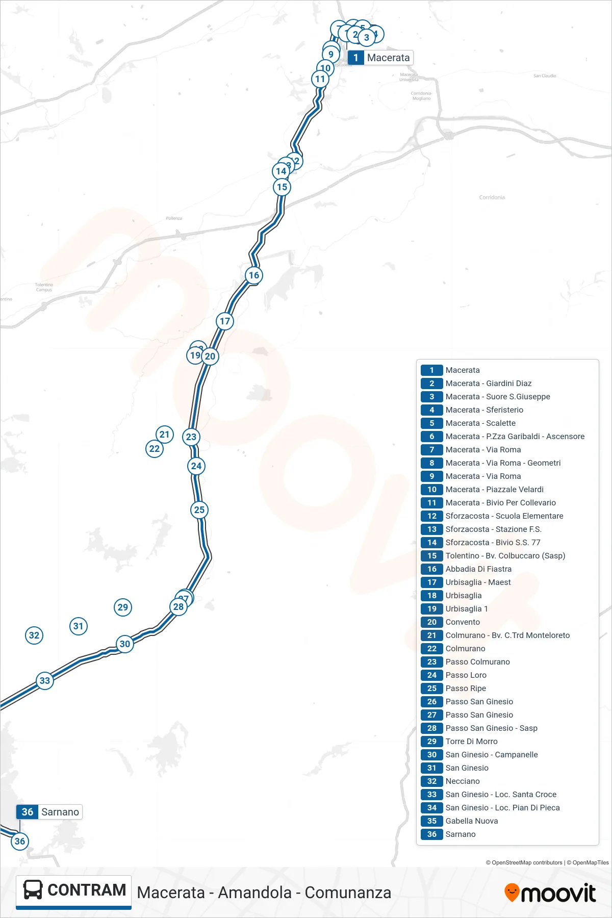 Linea CONTRAM  bus (Sarnano) - Percorsi e fermate sulla mappa