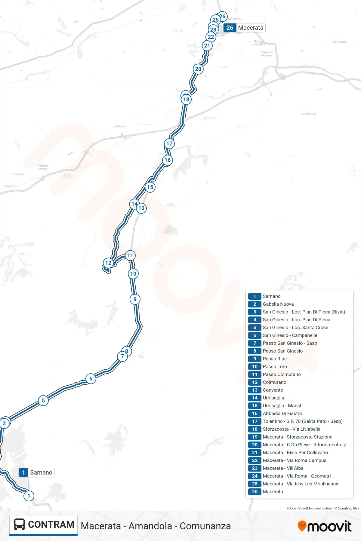 CONTRAM bus Line (Macerata) route and stops on a map