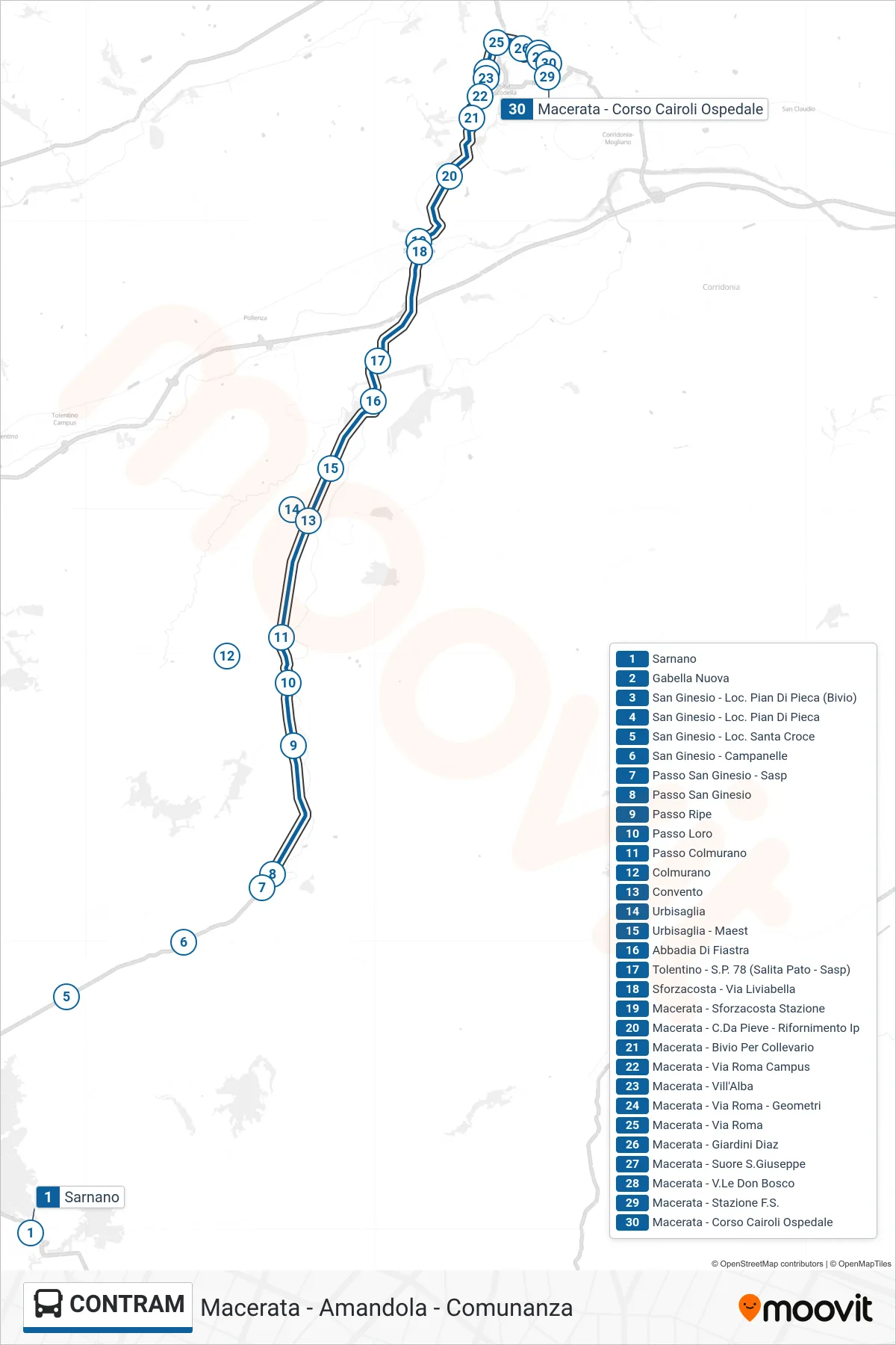 Linea CONTRAM bus (Macerata - Corso Cairoli Ospedale) - Percorsi e fermate sulla mappa