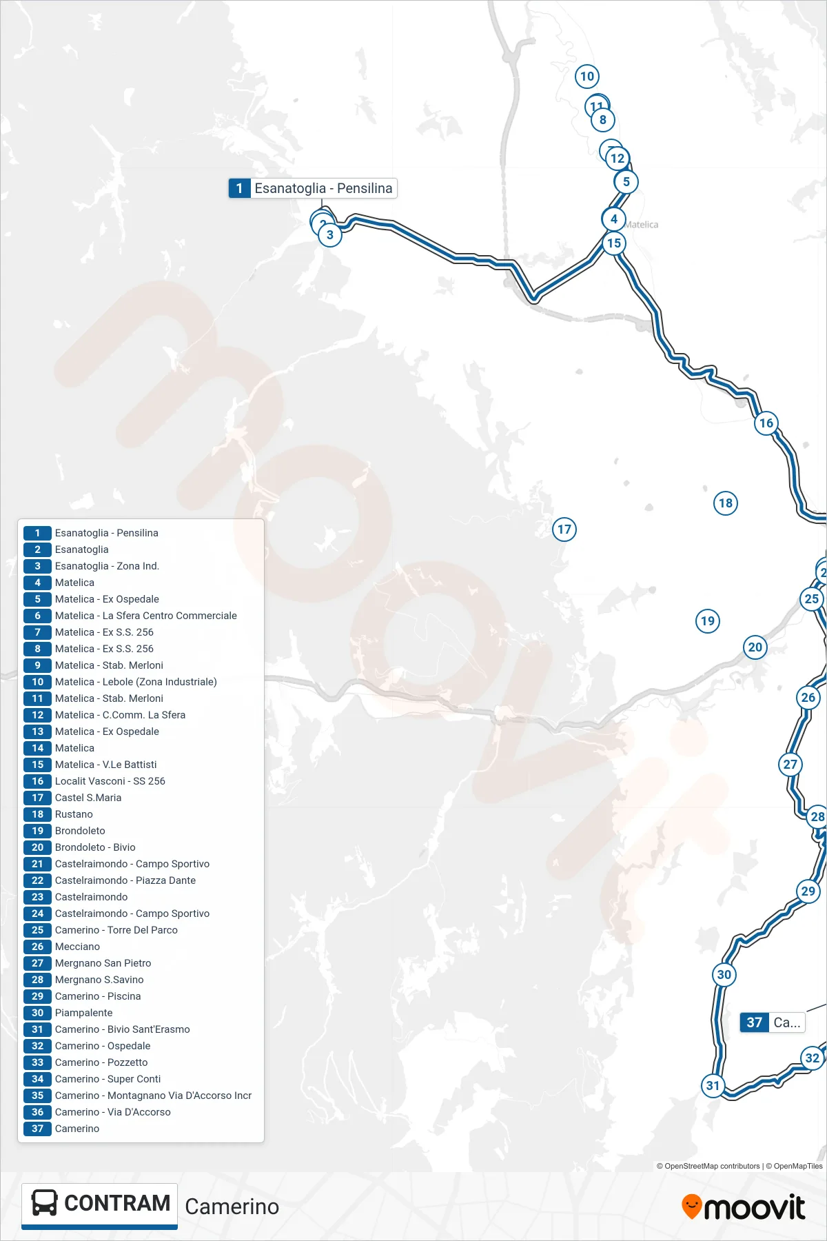 CONTRAM bus Line (Camerino) route and stops on a map