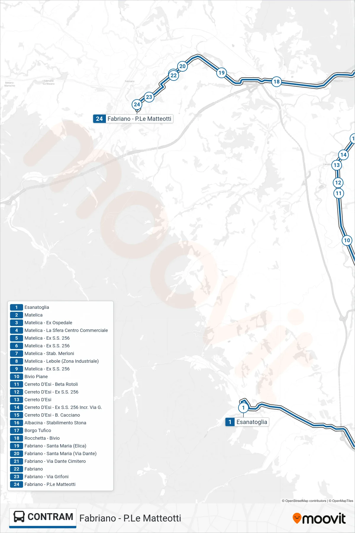 CONTRAM bus Line (Fabriano - Matteotti Square) route and stops on a map