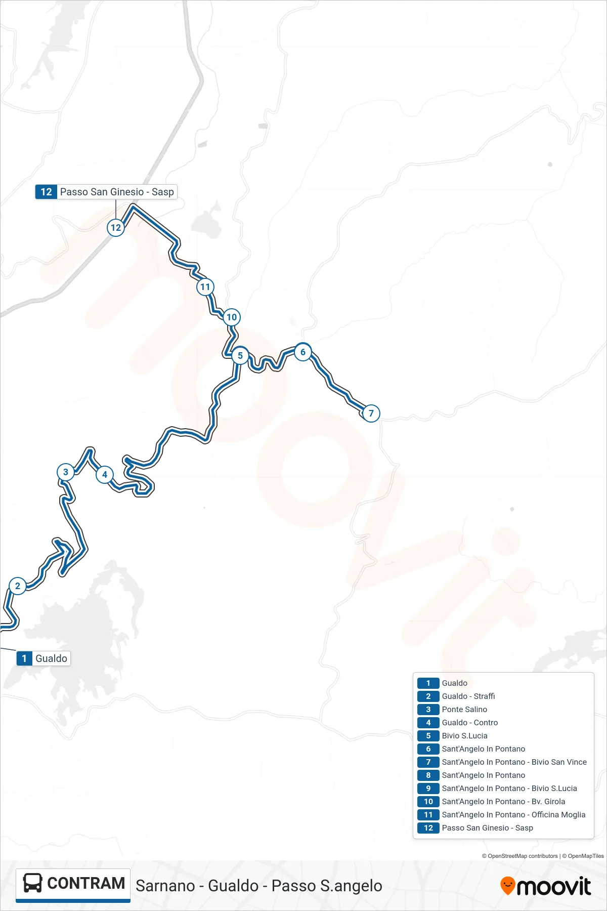 CONTRAM bus Line (Passo San Ginesio - Sasp) route and stops on a map