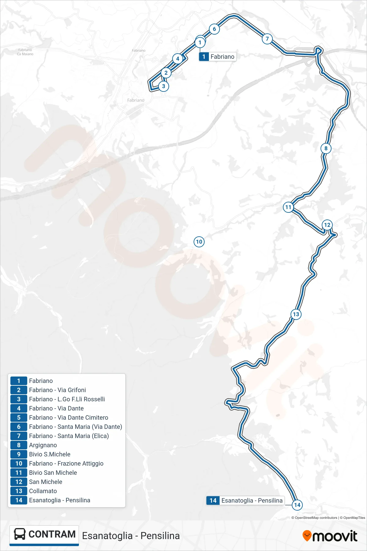 Linea CONTRAM  bus (Esanatoglia - Pensilina) - Percorsi e fermate sulla mappa