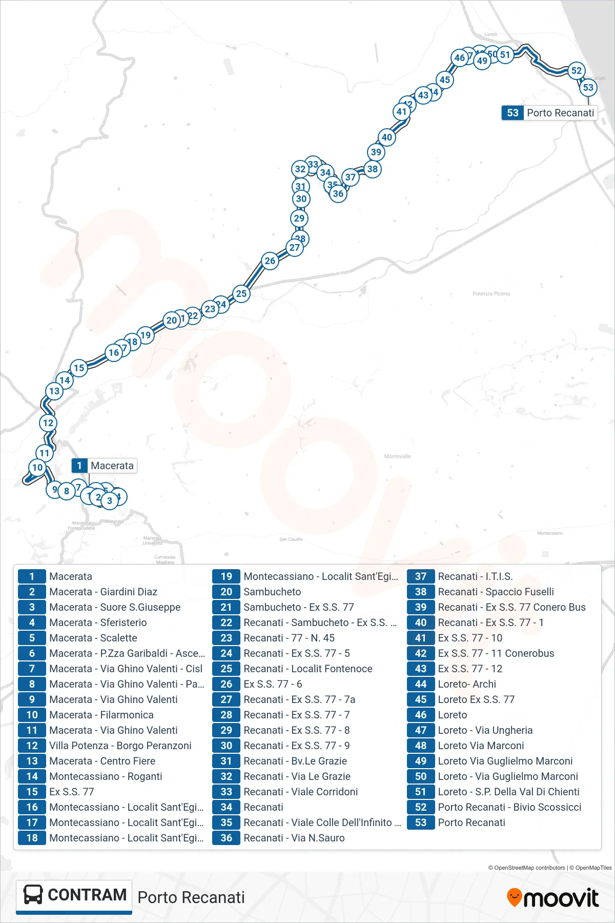 CONTRAM bus Line (Porto Recanati) route and stops on a map
