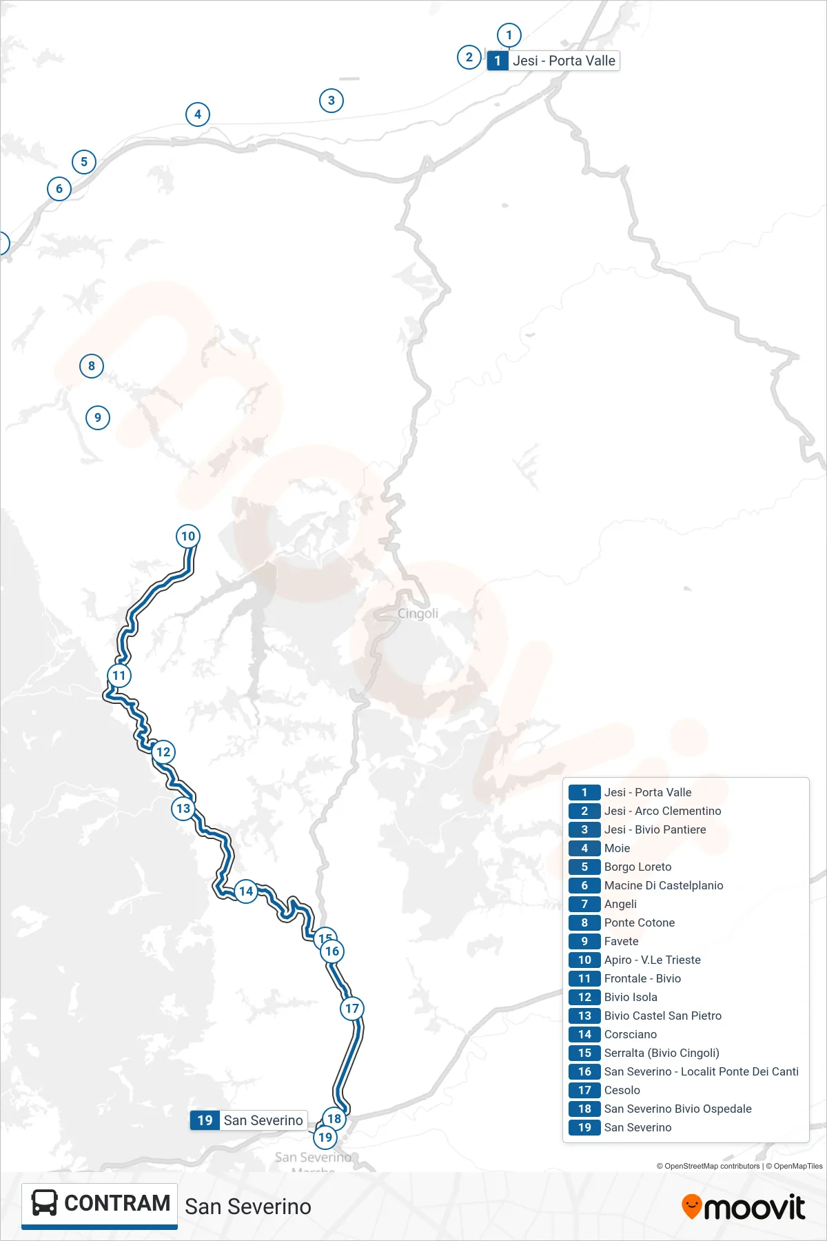 CONTRAM bus Line (San Severino) route and stops on a map