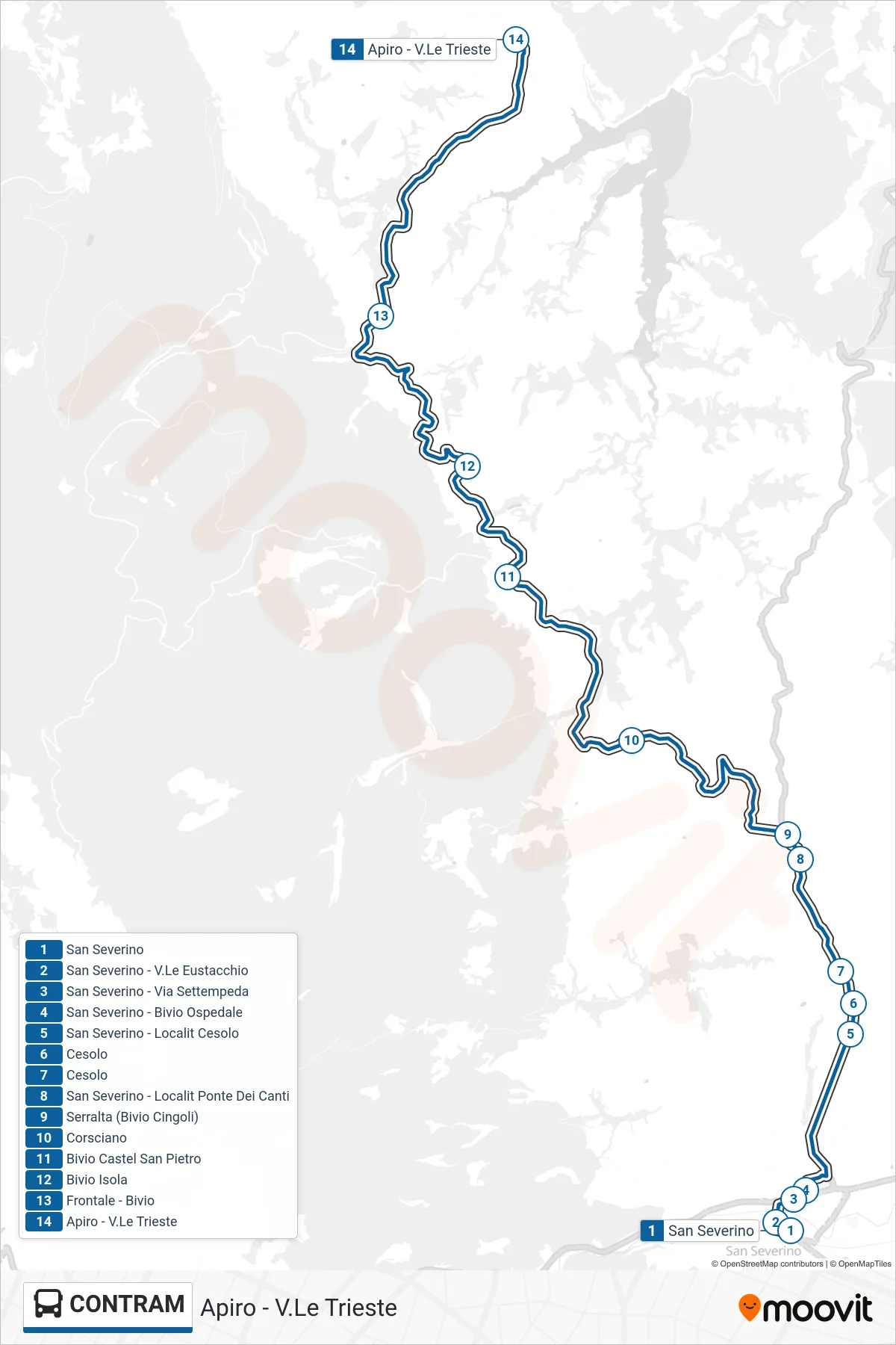 Linea CONTRAM bus (Apiro - V.Le Trieste) - Percorsi e fermate sulla mappa