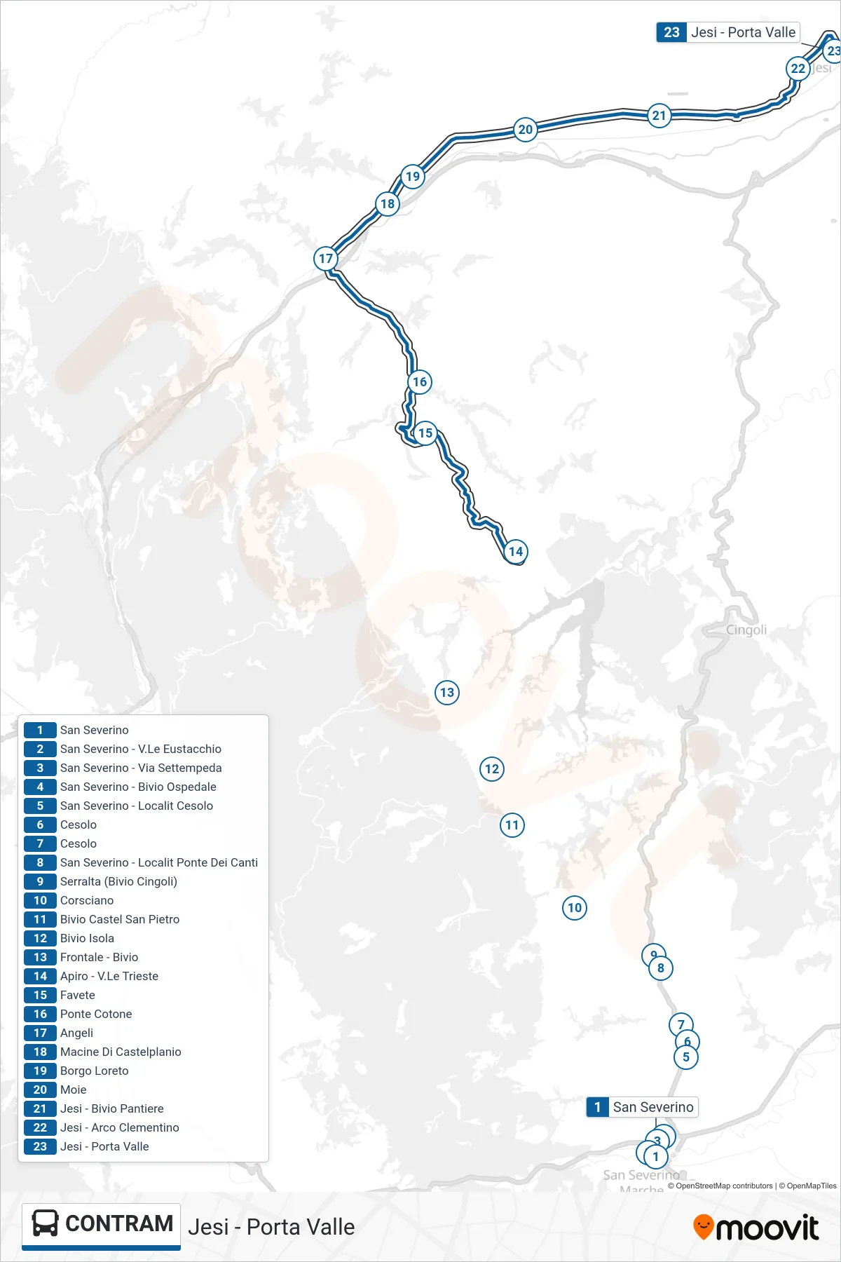 CONTRAM bus Line (Jesi - Porta Valle) route and stops on a map