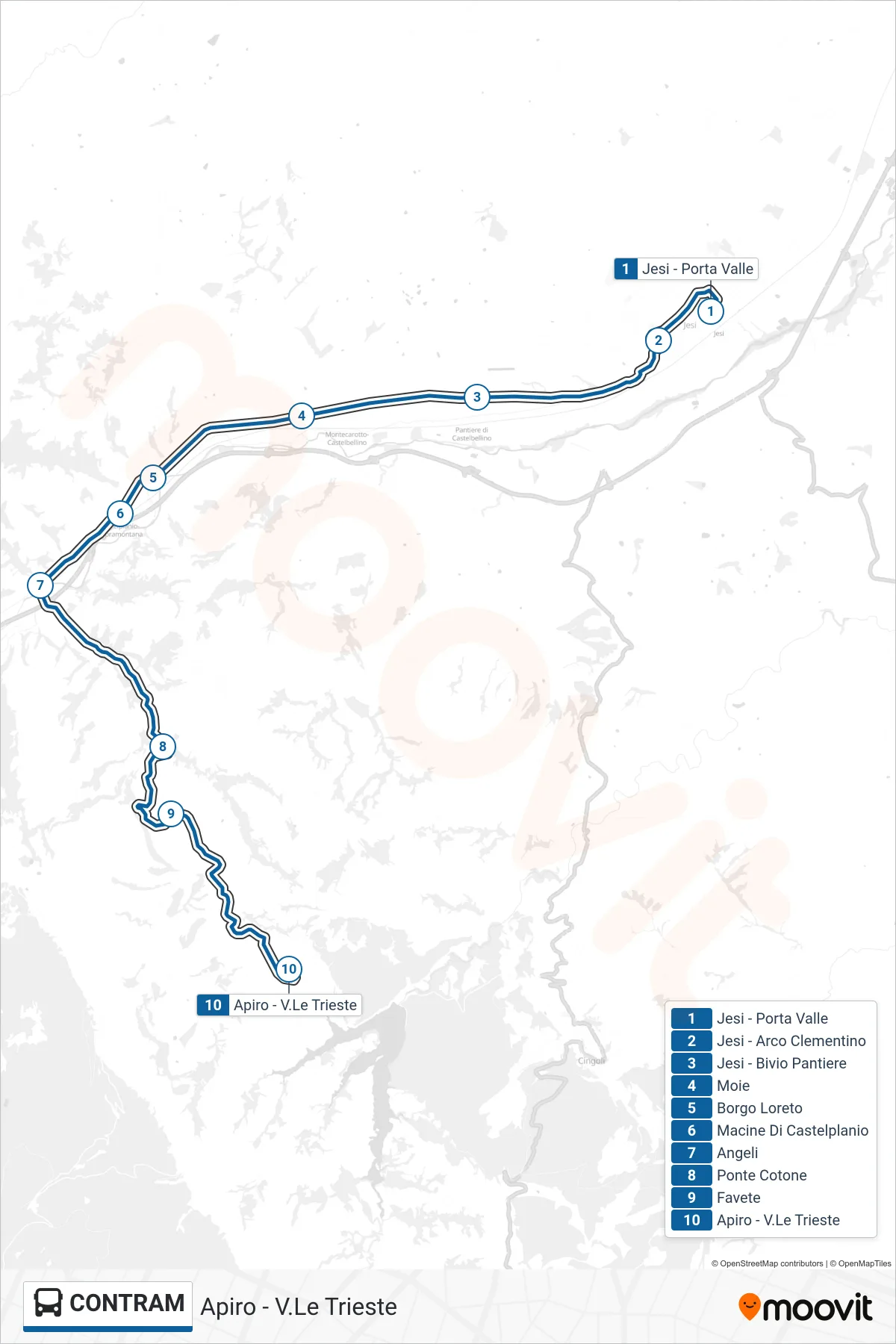 Linea CONTRAM bus (Apiro - V.Le Trieste) - Percorsi e fermate sulla mappa