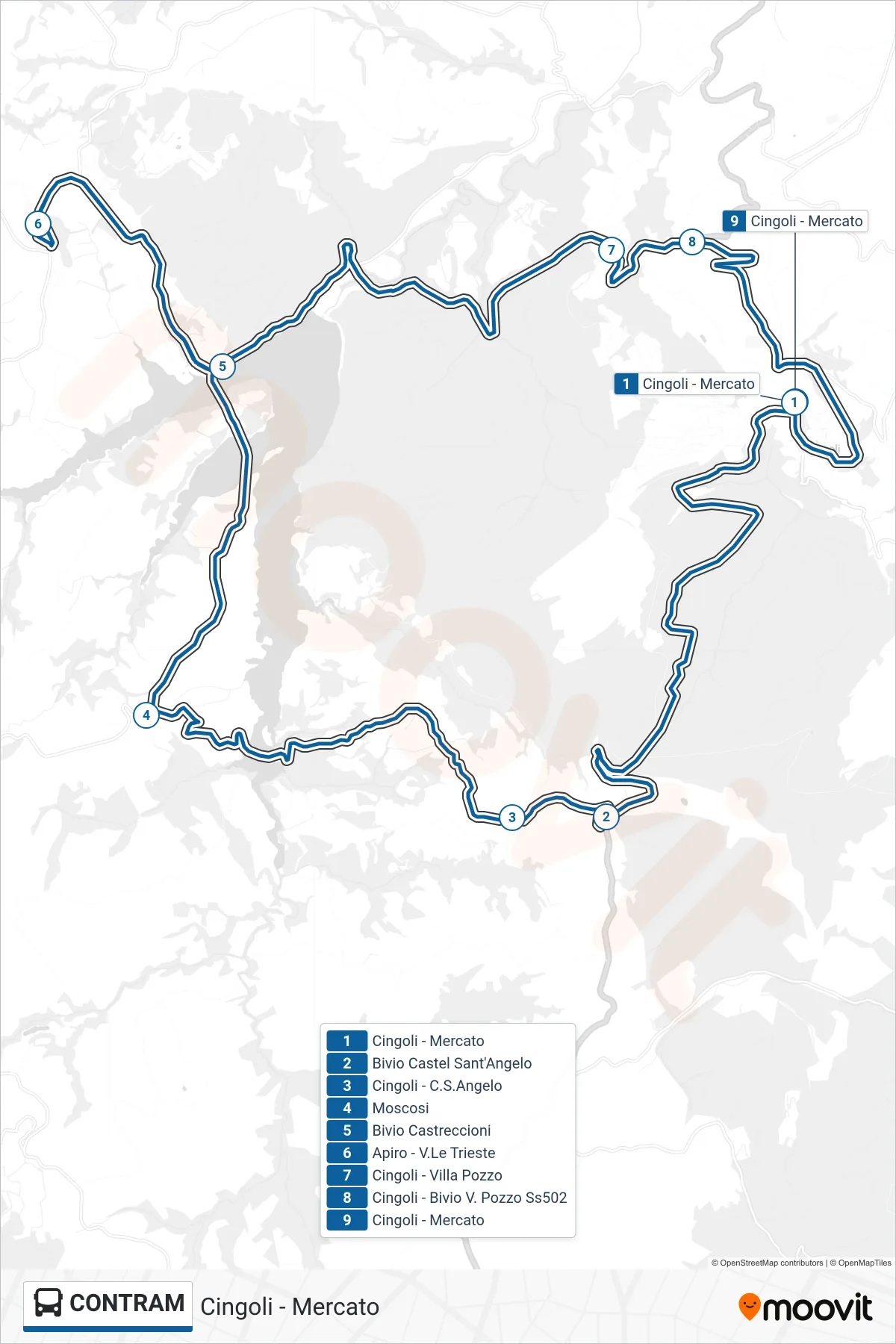 CONTRAM bus Line (Cingoli - Market) route and stops on a map