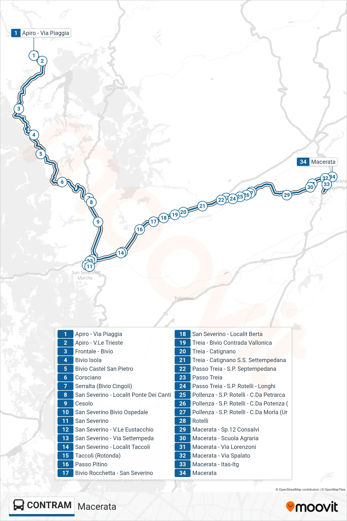 Linea CONTRAM  bus (Macerata) - Percorsi e fermate sulla mappa
