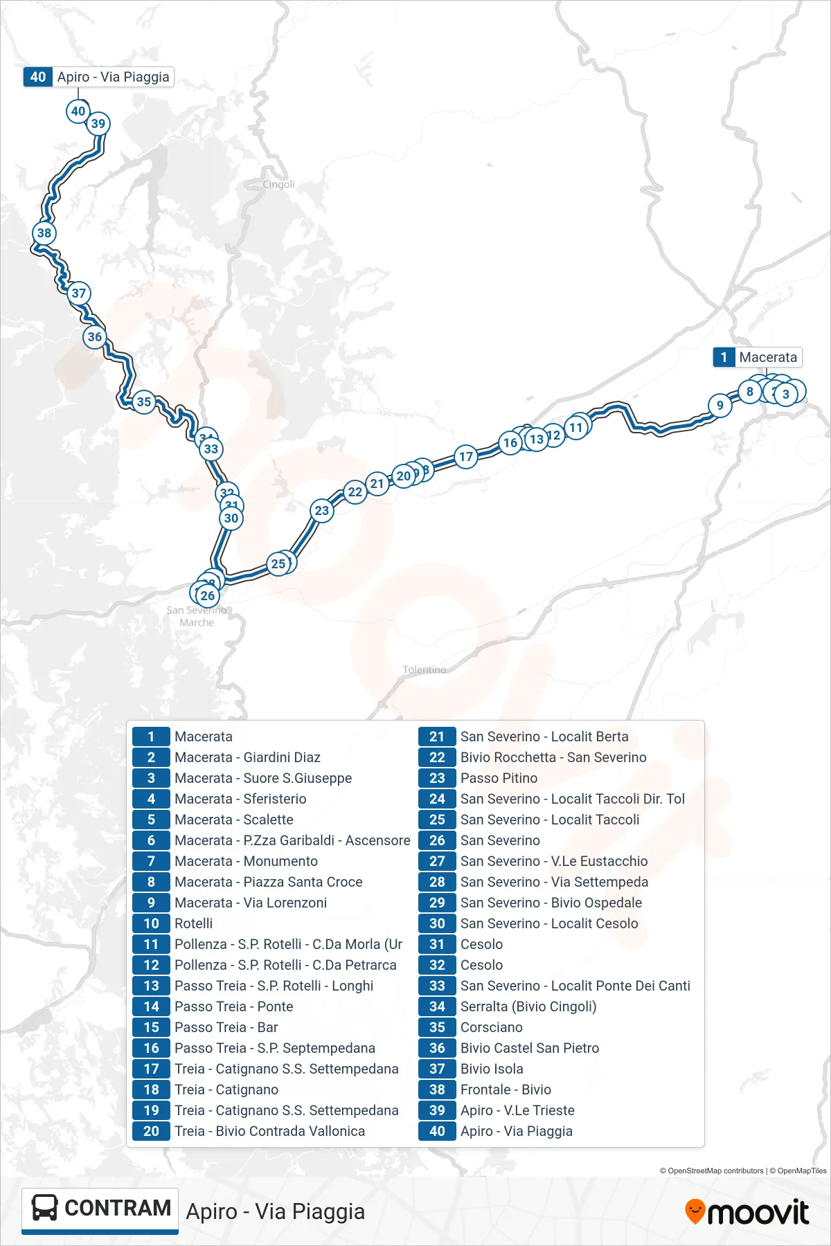 Linea CONTRAM  bus (Apiro - Via Piaggia) - Percorsi e fermate sulla mappa