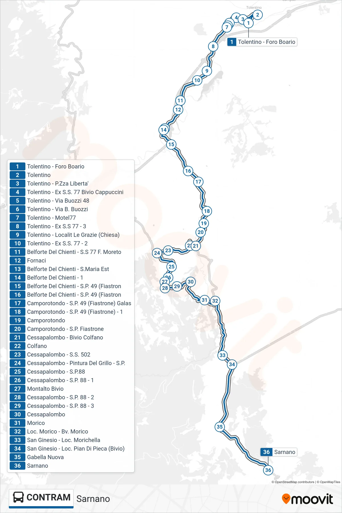 Linea CONTRAM  bus (Sarnano) - Percorsi e fermate sulla mappa