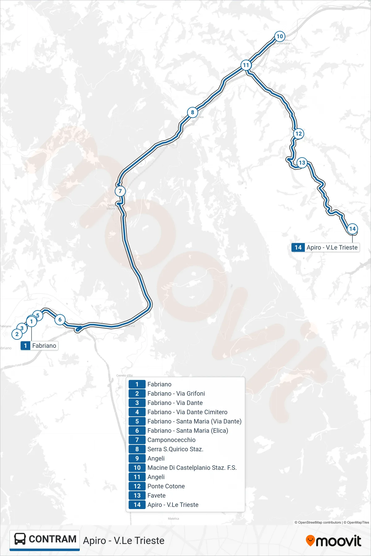 CONTRAM bus Line (Apiro - Trieste Avenue) route and stops on a map
