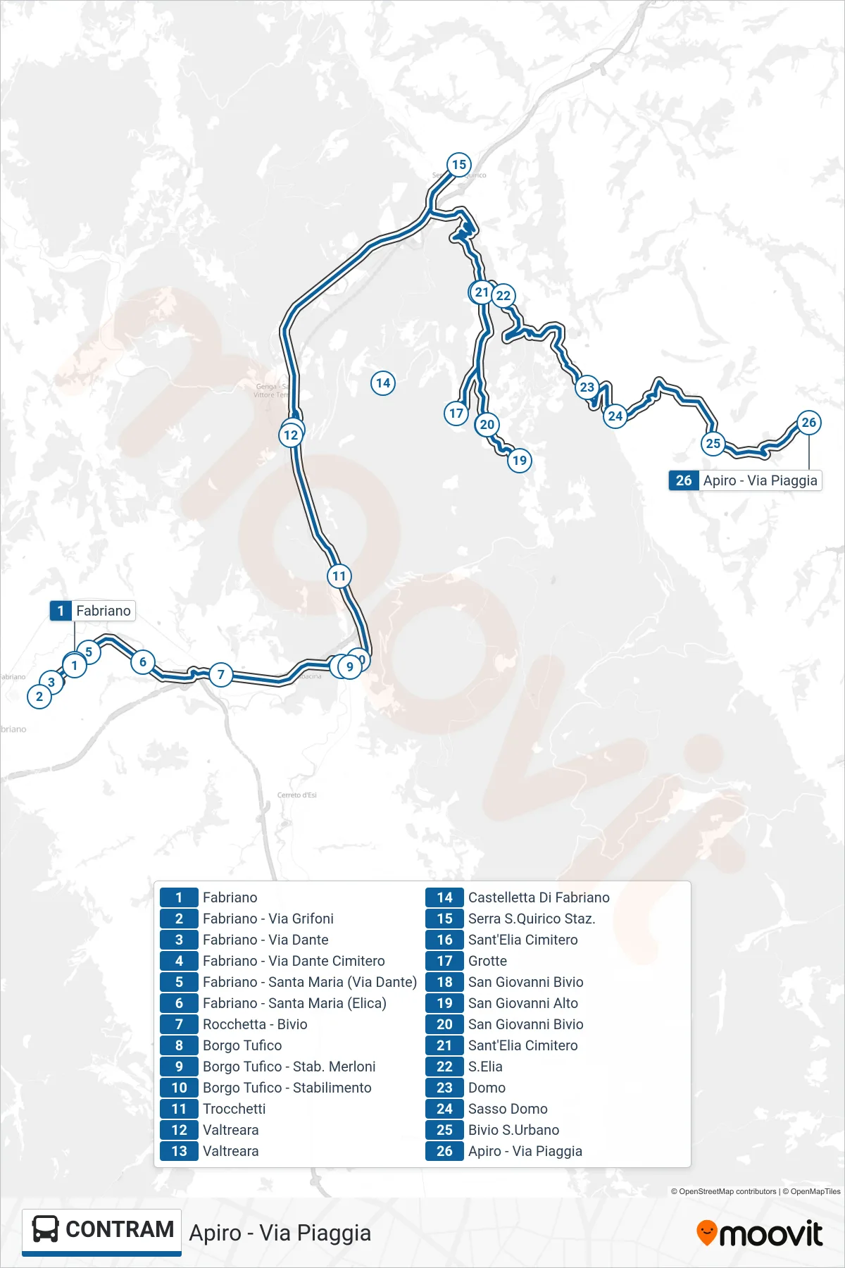 Linea CONTRAM bus (Apiro - Via Piaggia) - Percorsi e fermate sulla mappa