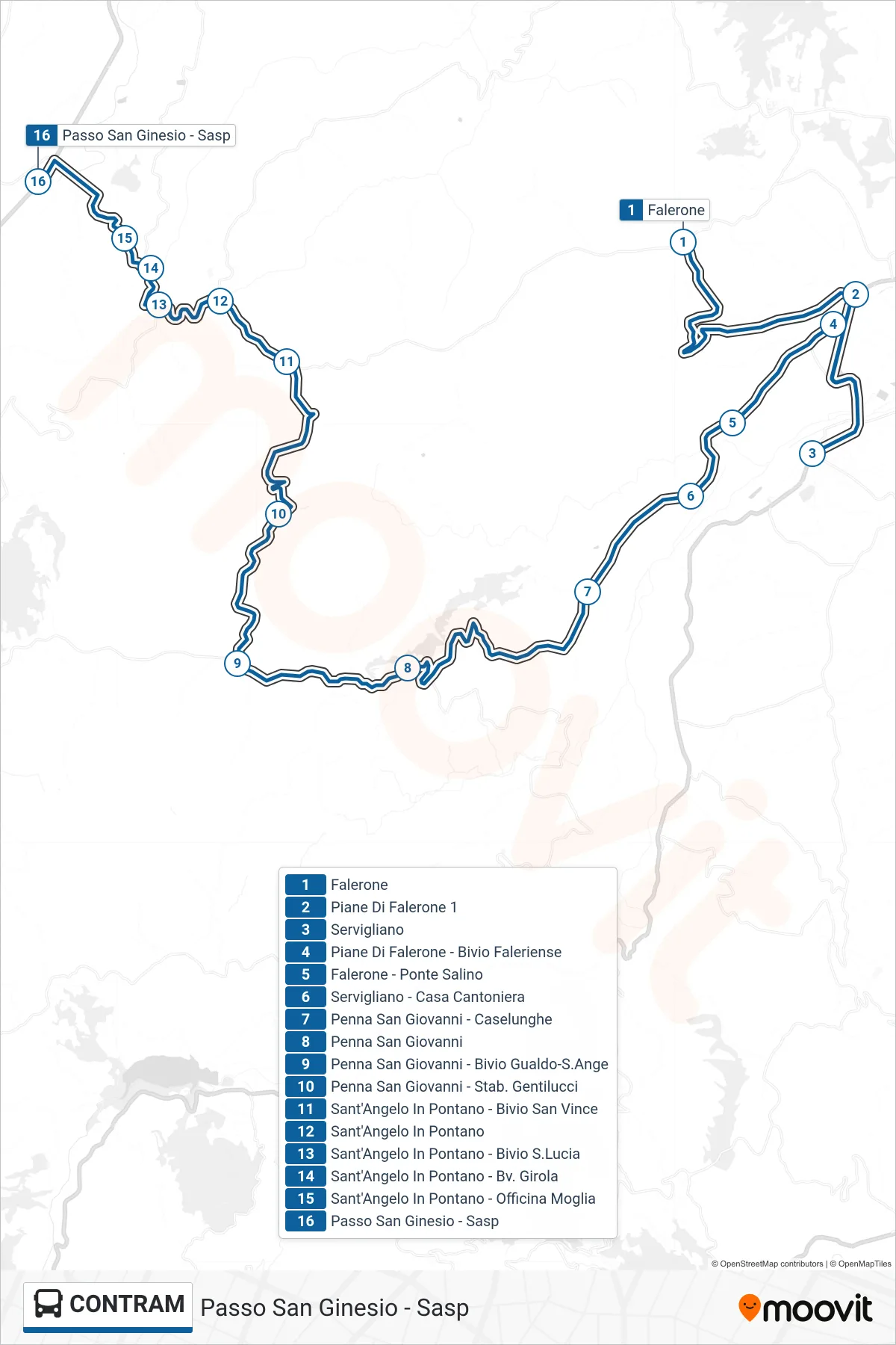 CONTRAM bus Line (Passo San Ginesio - Sasp) route and stops on a map
