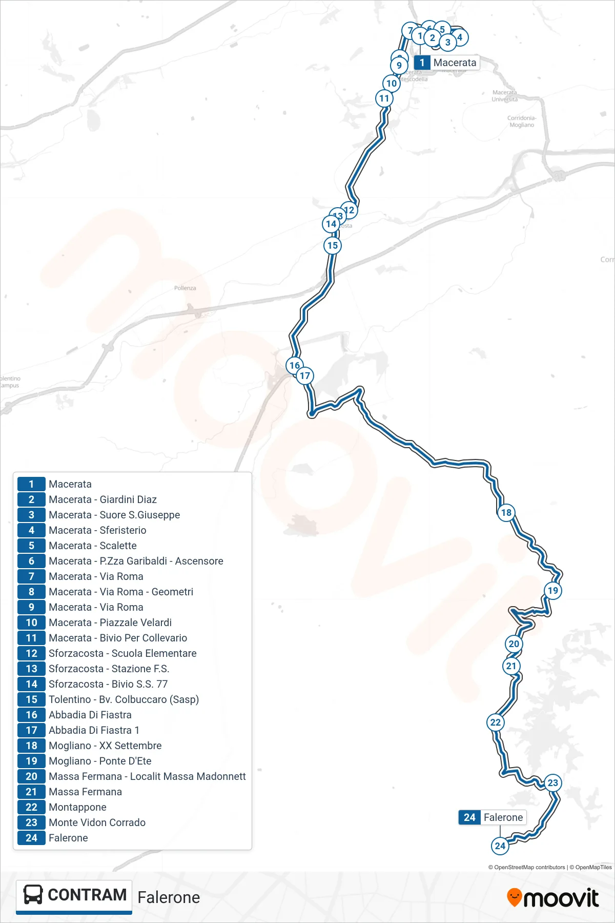 CONTRAM bus Line (Falerone) route and stops on a map