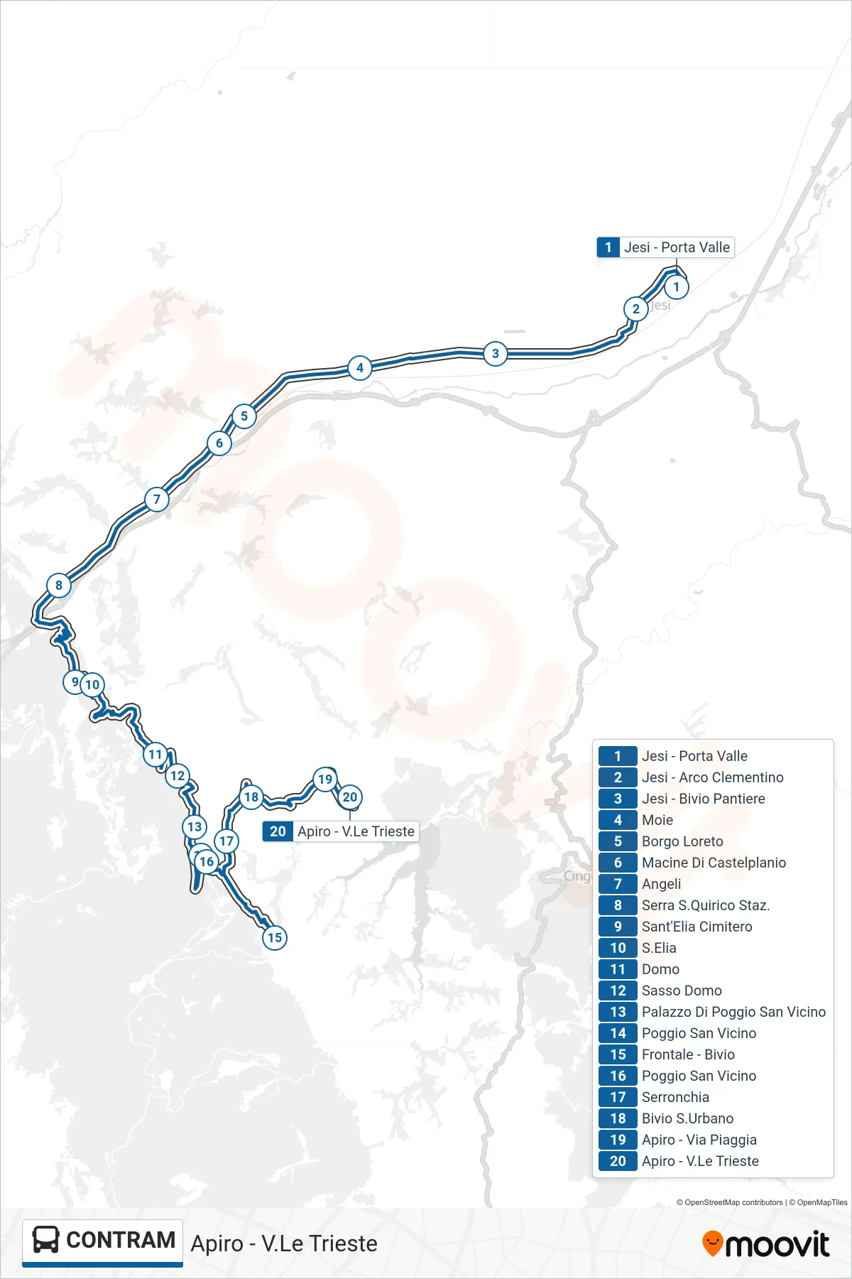 Linea CONTRAM bus (Apiro - V.Le Trieste) - Percorsi e fermate sulla mappa