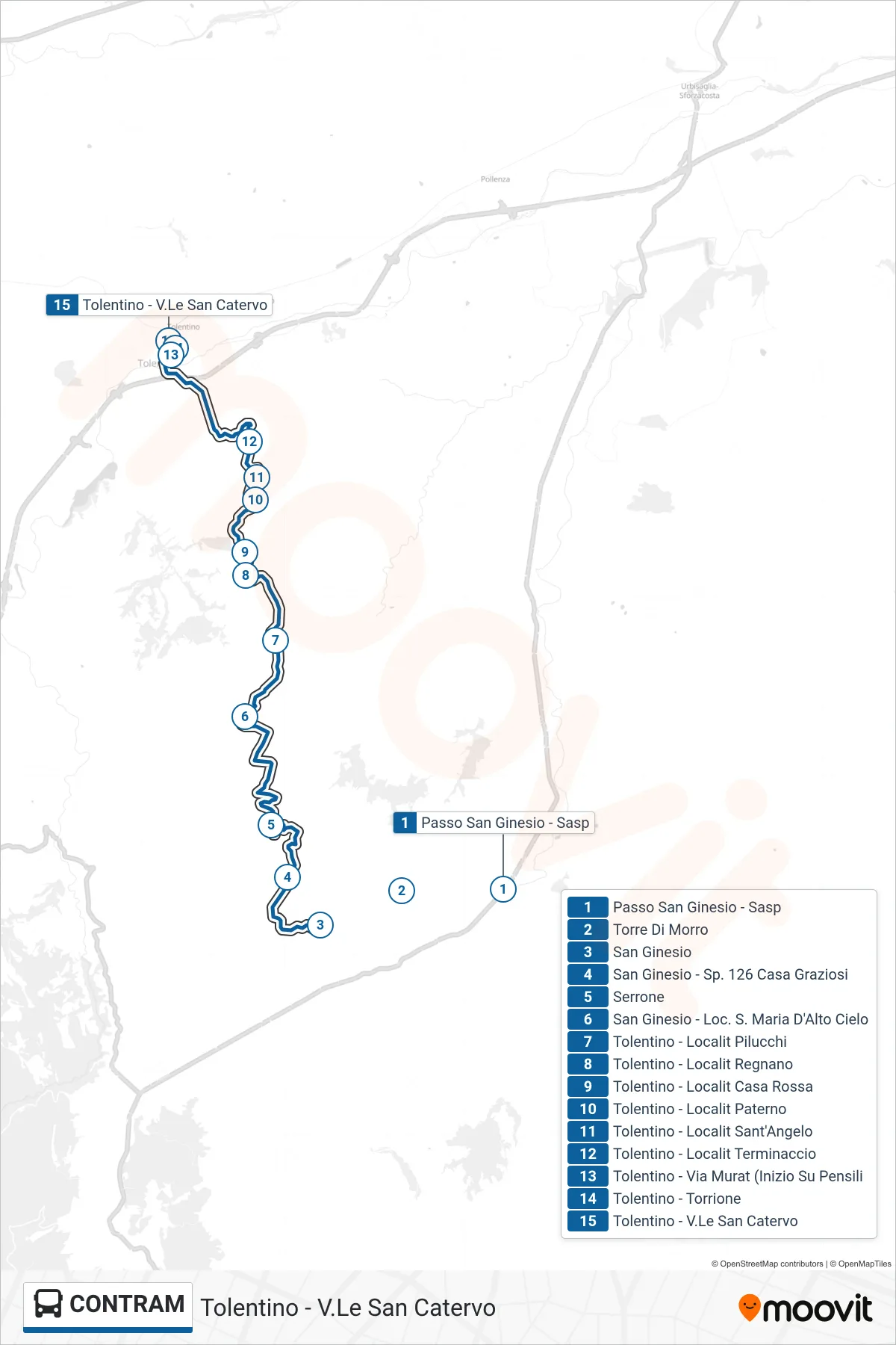 Linea CONTRAM  bus (Tolentino - V.Le San Catervo) - Percorsi e fermate sulla mappa