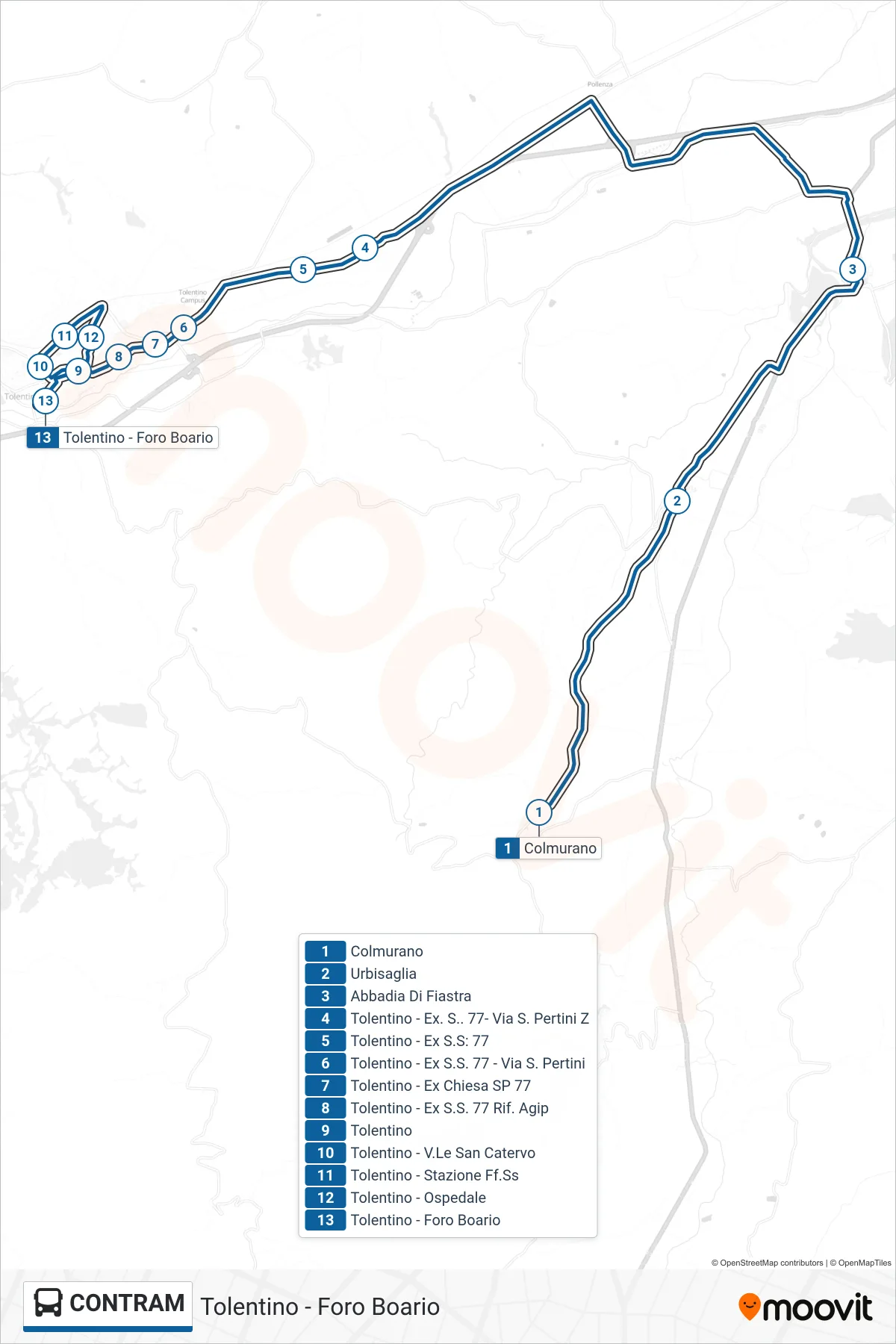 Linea CONTRAM bus (Tolentino - Foro Boario) - Percorsi e fermate sulla mappa