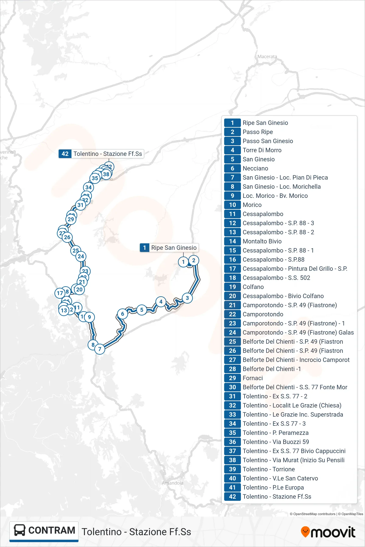 Linea CONTRAM bus (Tolentino - Stazione Ff.Ss) - Percorsi e fermate sulla mappa