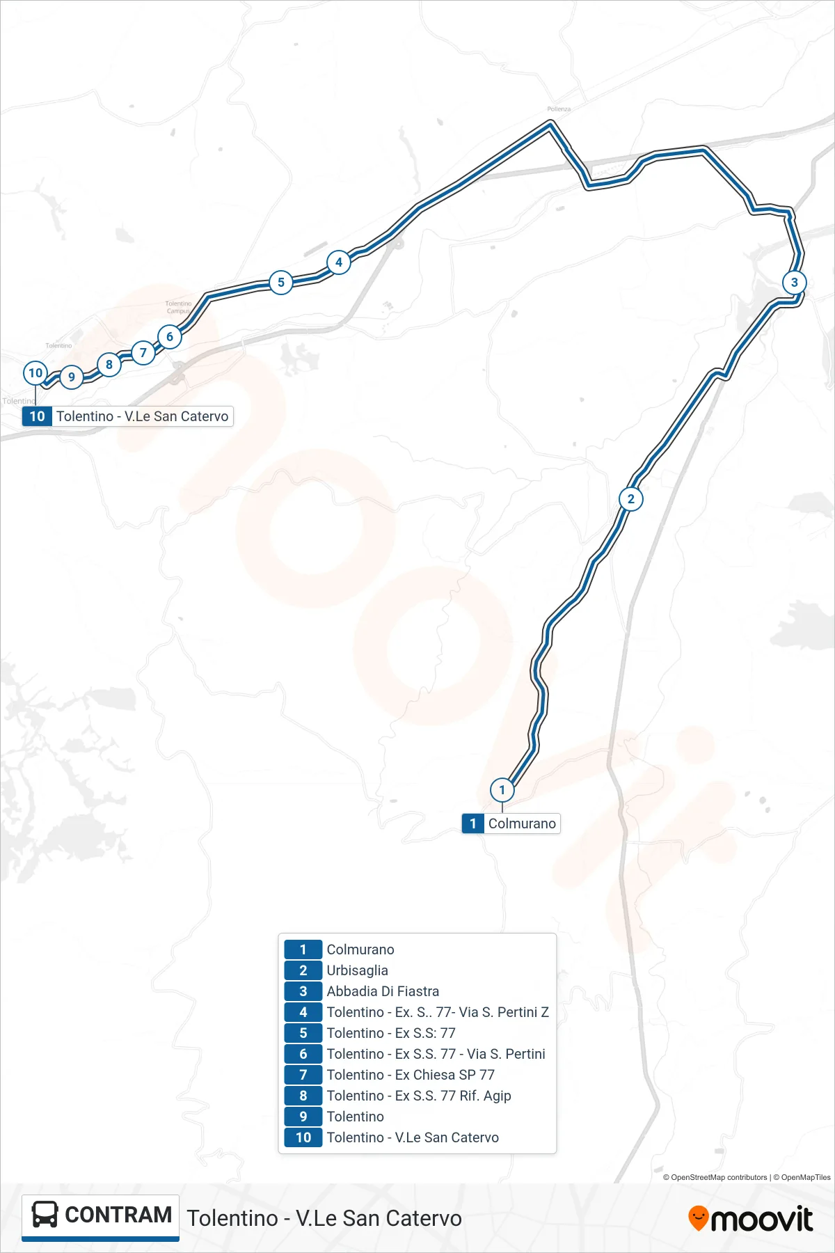 CONTRAM bus Line (Tolentino - San Catervo Avenue) route and stops on a map