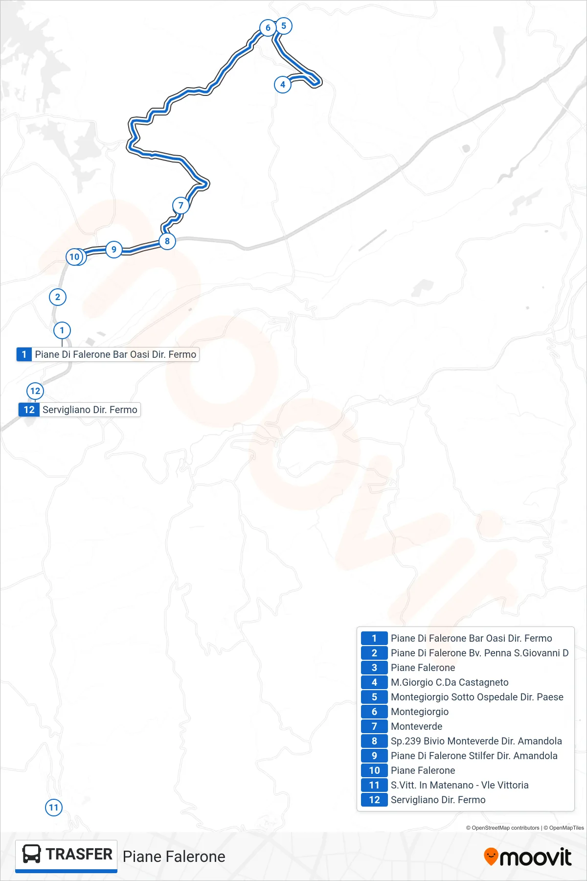 Linea TRASFER bus (Piane Falerone) - Percorsi e fermate sulla mappa