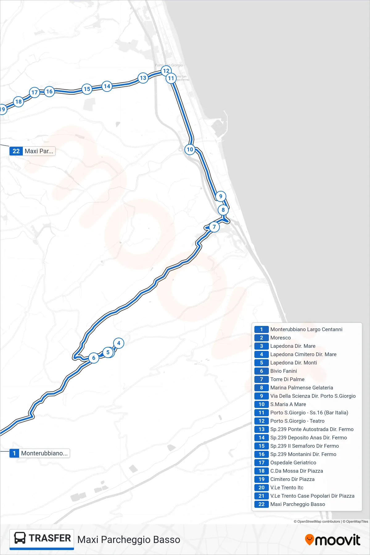 Linea TRASFER  bus (Maxi Parcheggio Basso) - Percorsi e fermate sulla mappa