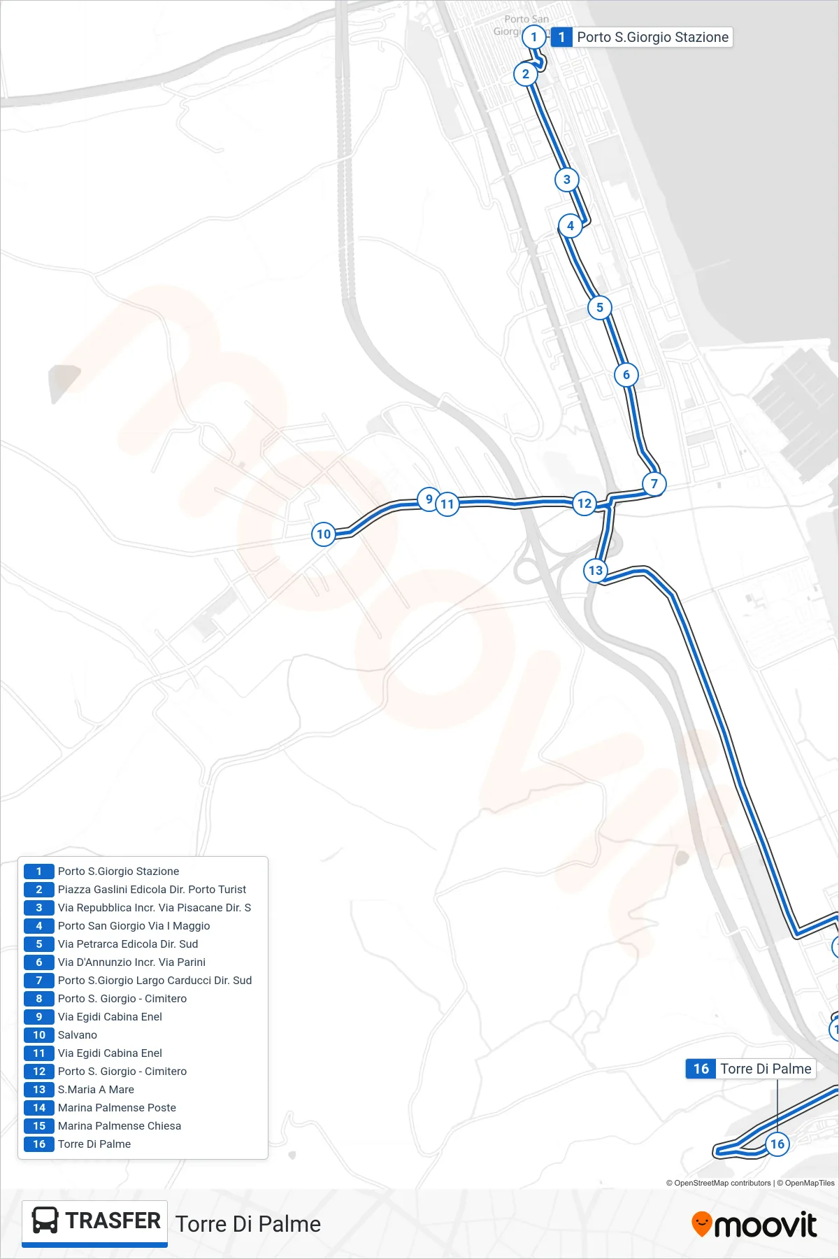 Linea TRASFER bus (Torre Di Palme) - Percorsi e fermate sulla mappa