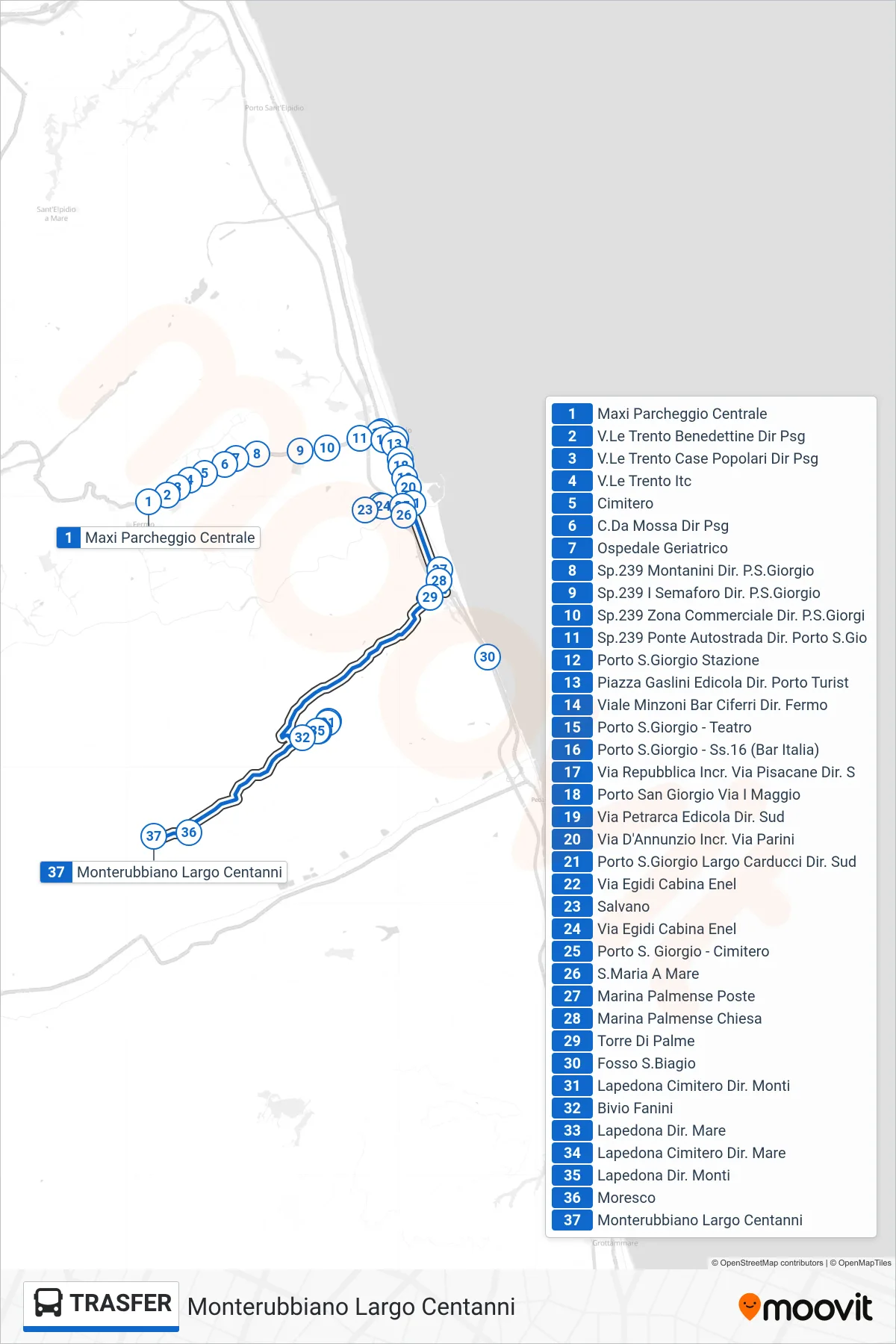 Linea TRASFER  bus (Monterubbiano Largo Centanni) - Percorsi e fermate sulla mappa