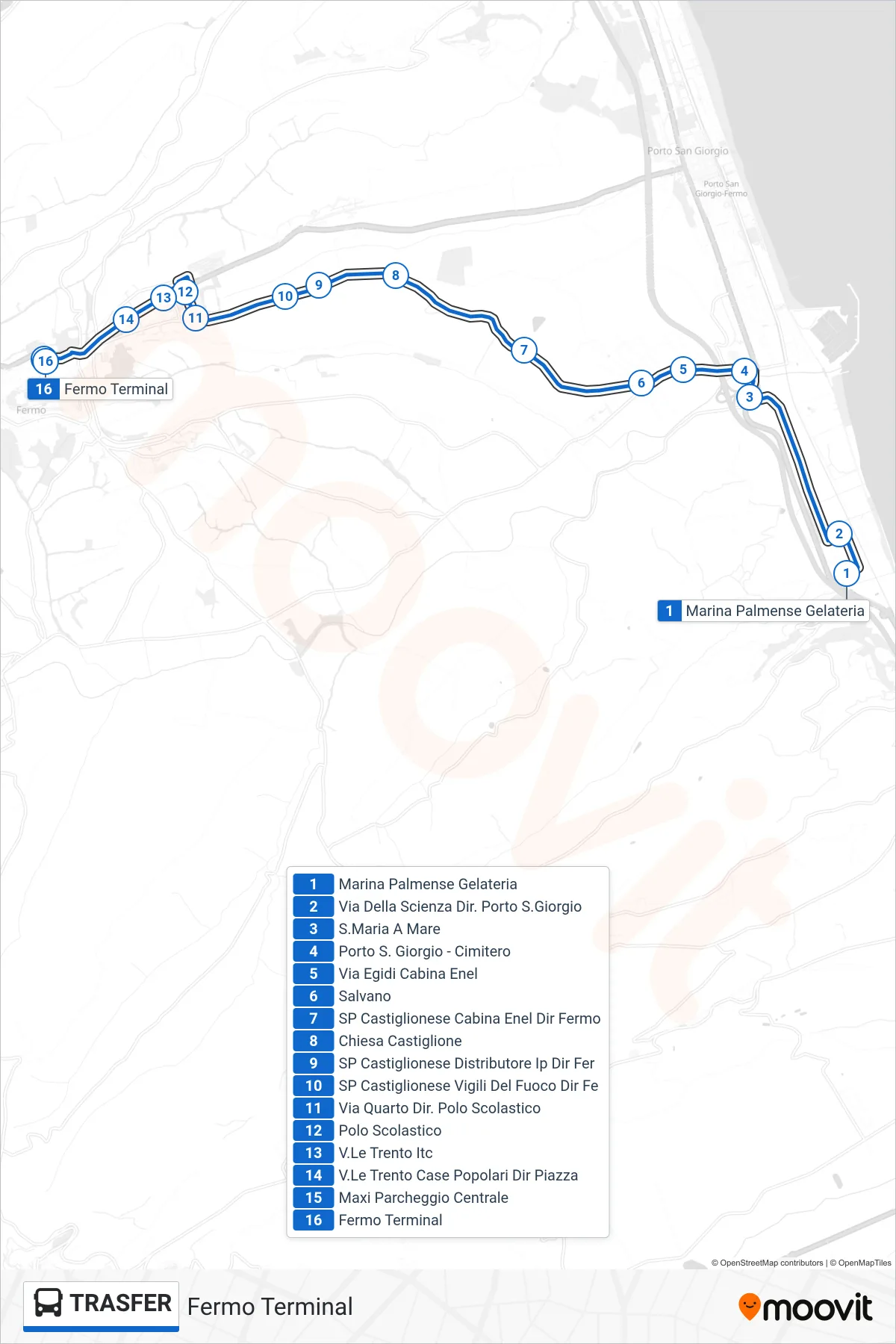 Linea TRASFER bus (Fermo Terminal) - Percorsi e fermate sulla mappa