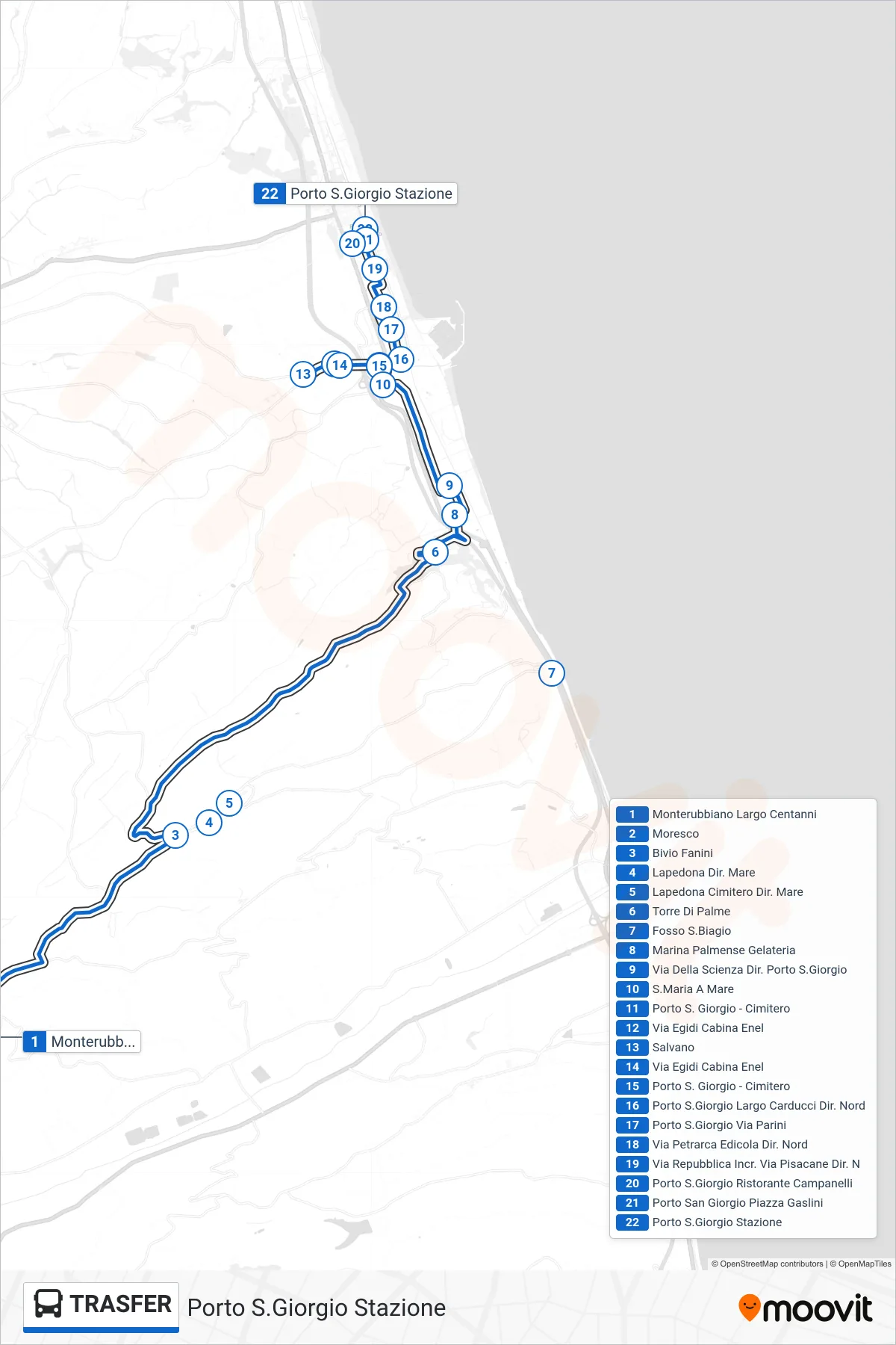 Linea TRASFER  bus (Porto S.Giorgio Stazione) - Percorsi e fermate sulla mappa