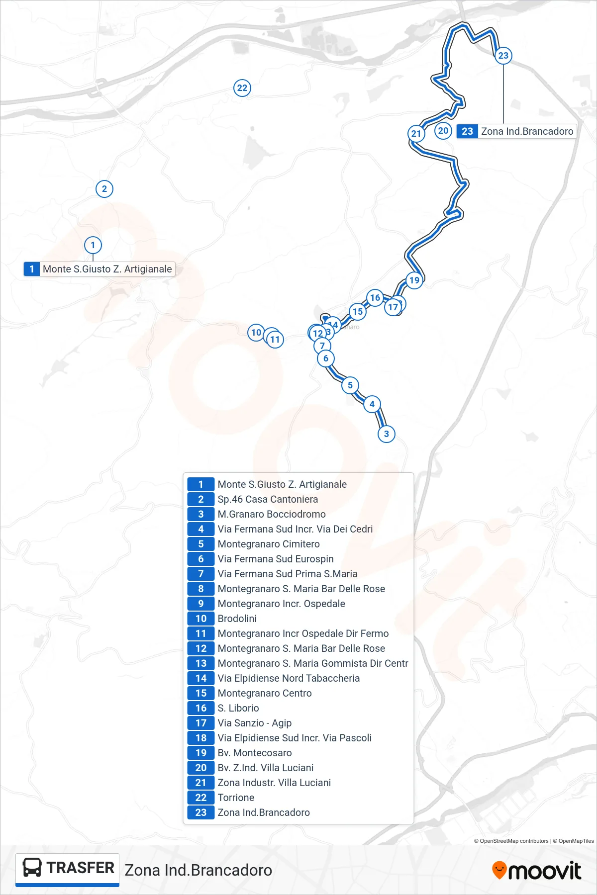 Linea TRASFER bus (Zona Ind.Brancadoro) - Percorsi e fermate sulla mappa