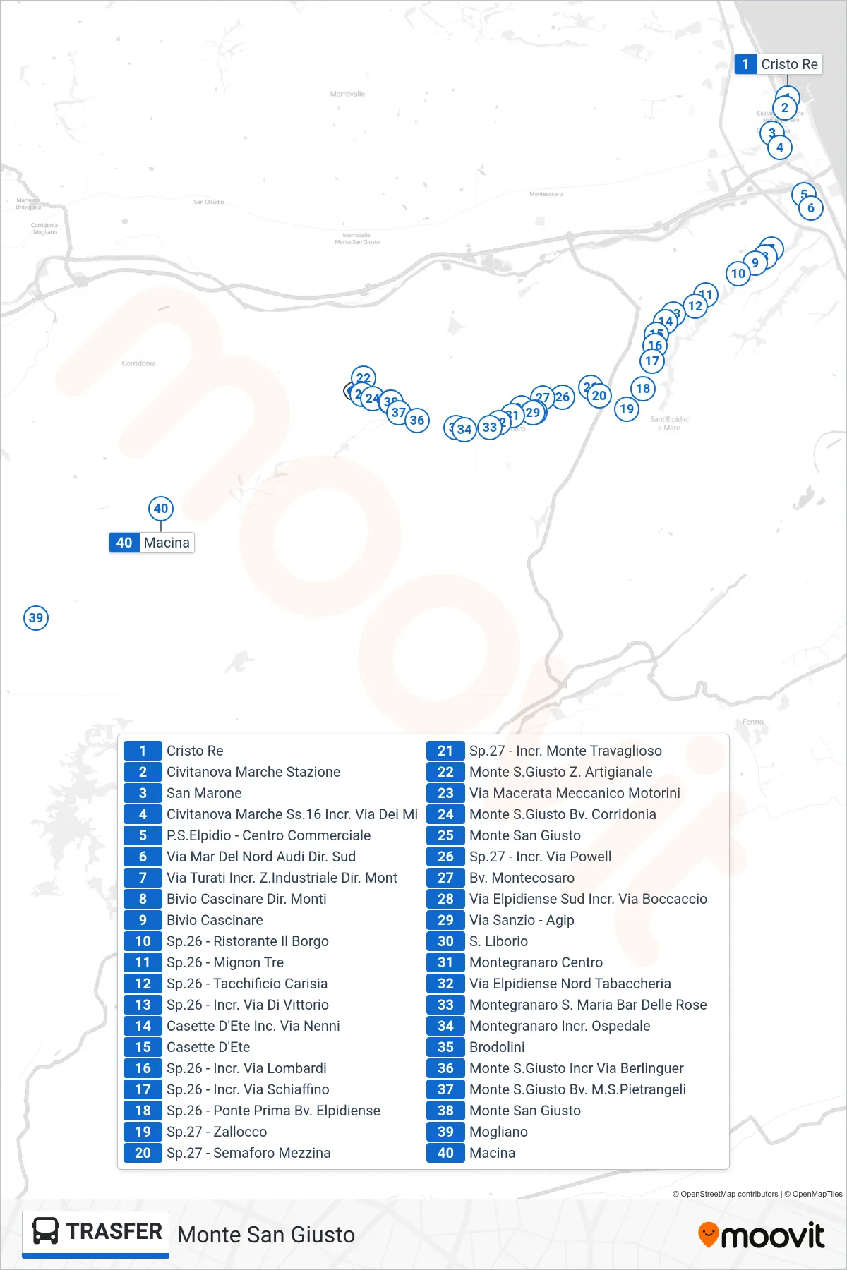 Linea TRASFER  bus (Monte San Giusto) - Percorsi e fermate sulla mappa