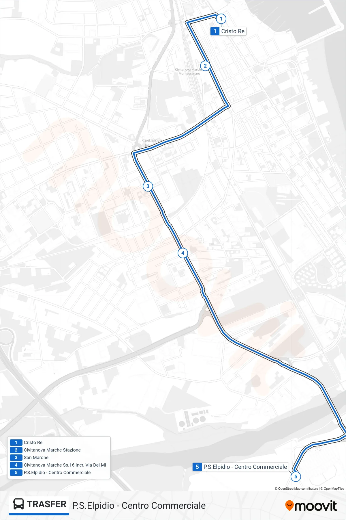 Linea TRASFER bus (P.S.Elpidio - Centro Commerciale) - Percorsi e fermate sulla mappa