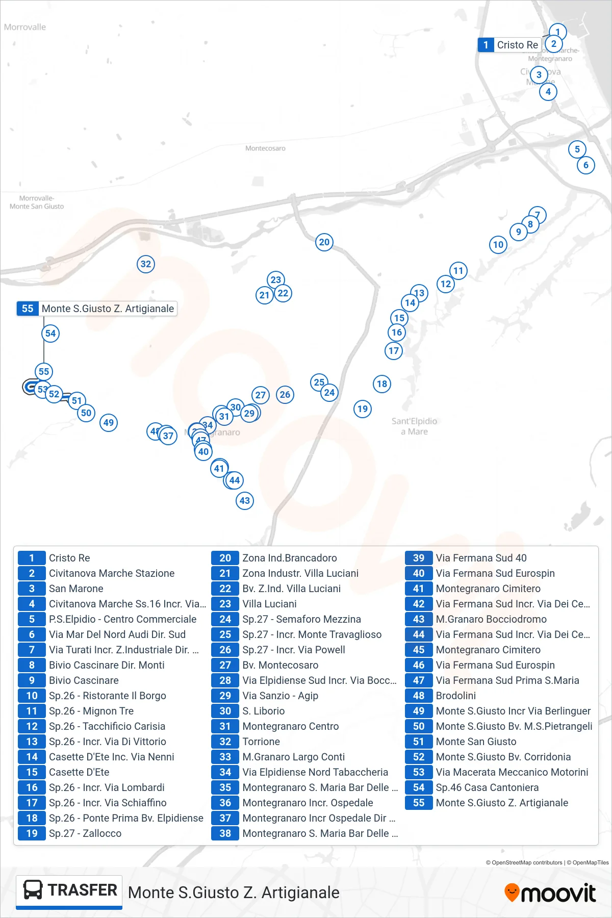 Linea TRASFER bus (Monte S.Giusto Z. Artigianale) - Percorsi e fermate sulla mappa