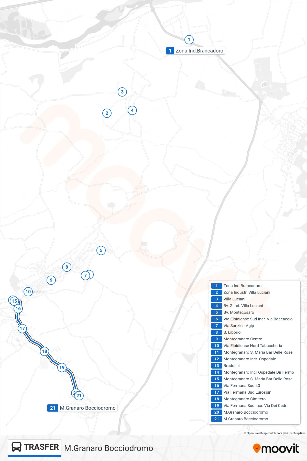 Linea TRASFER  bus (M.Granaro Bocciodromo) - Percorsi e fermate sulla mappa