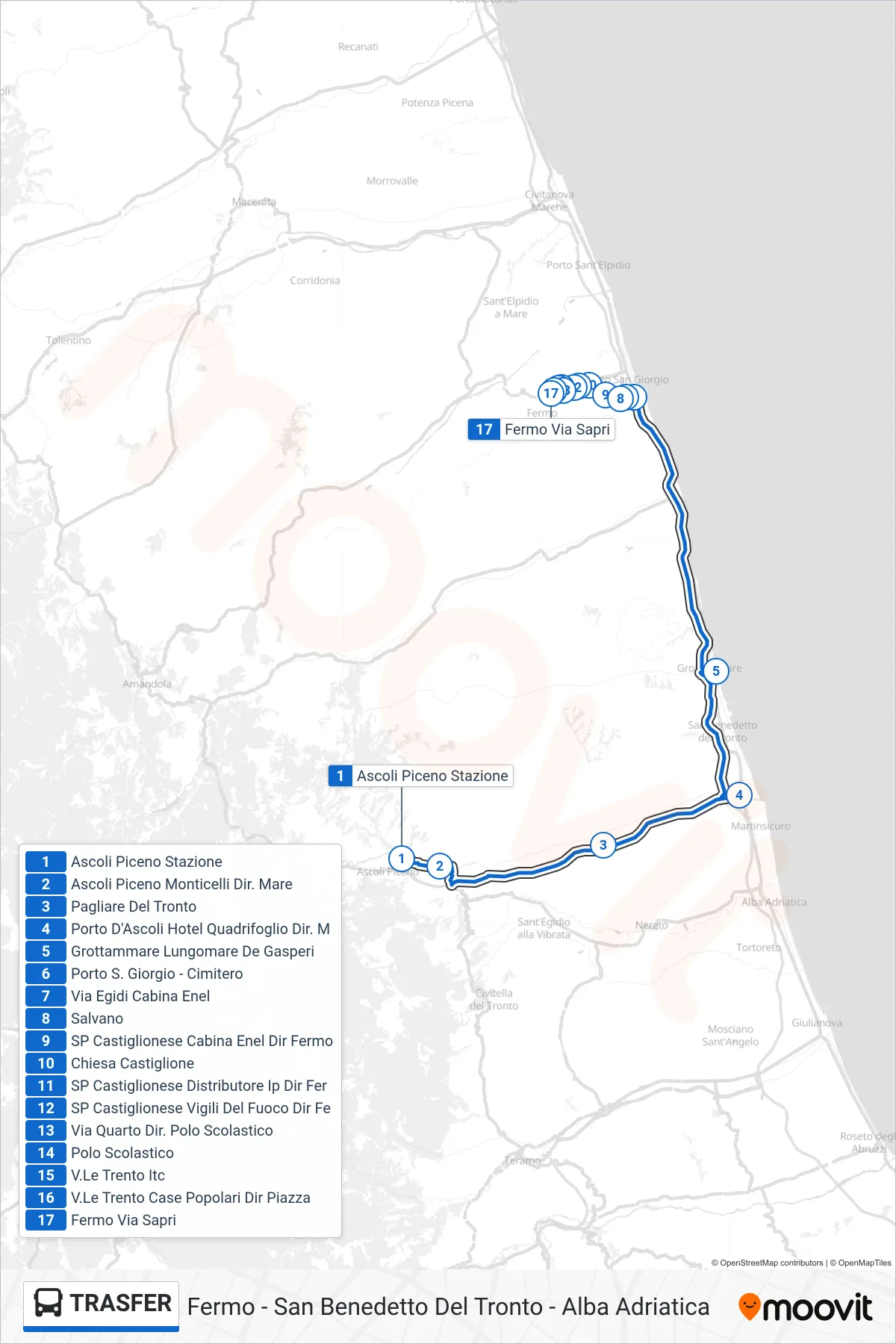 Linea TRASFER bus (Fermo Via Sapri) - Percorsi e fermate sulla mappa