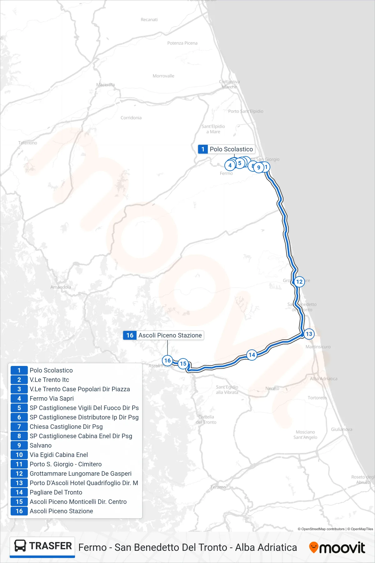 Linea TRASFER bus (Ascoli Piceno Stazione) - Percorsi e fermate sulla mappa