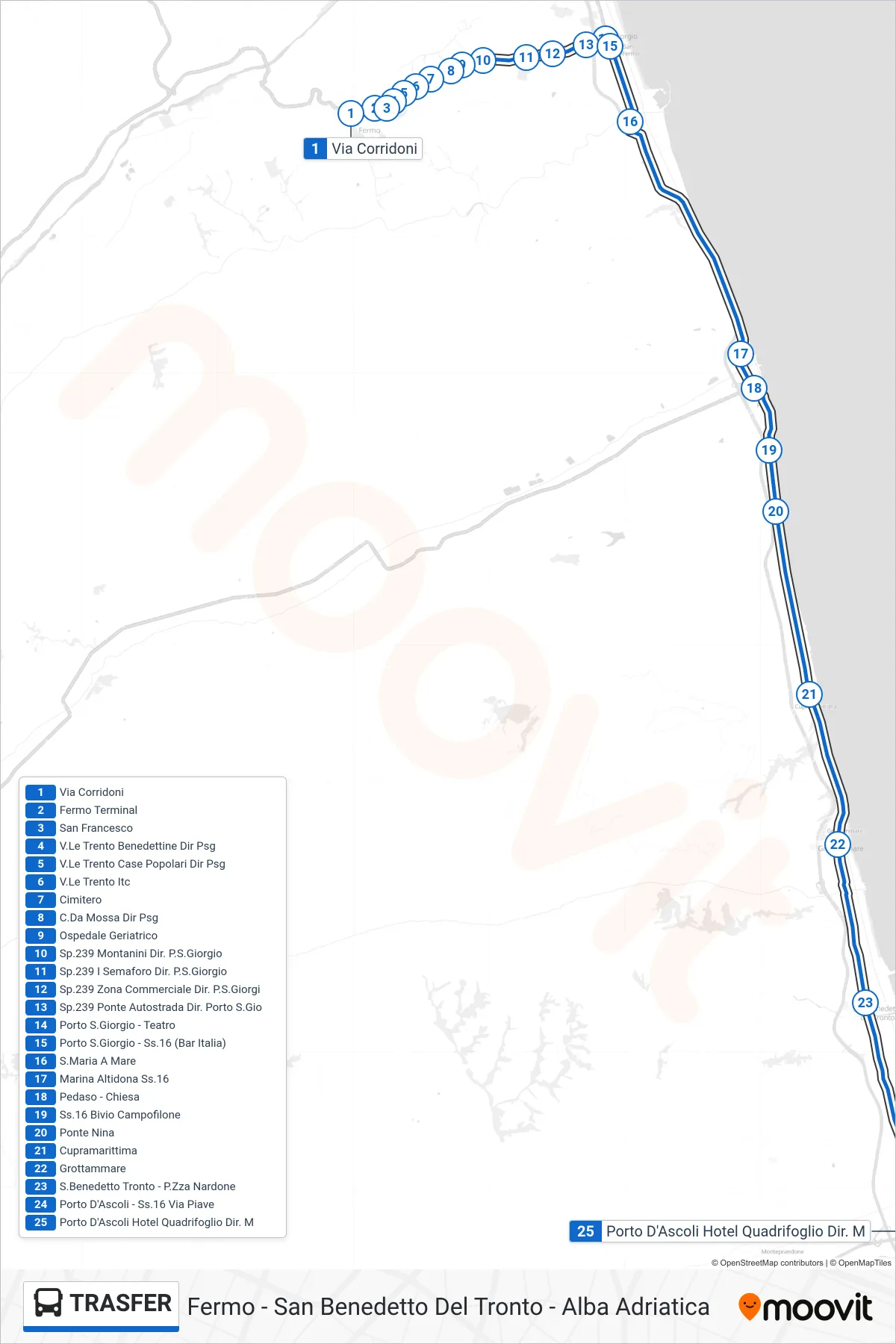 Linea TRASFER bus (Porto D'Ascoli Hotel Quadrifoglio Dir. M) - Percorsi e fermate sulla mappa