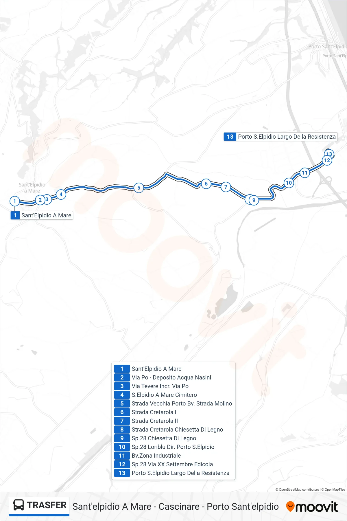 Linea TRASFER bus (Porto S.Elpidio Largo Della Resistenza) - Percorsi e fermate sulla mappa