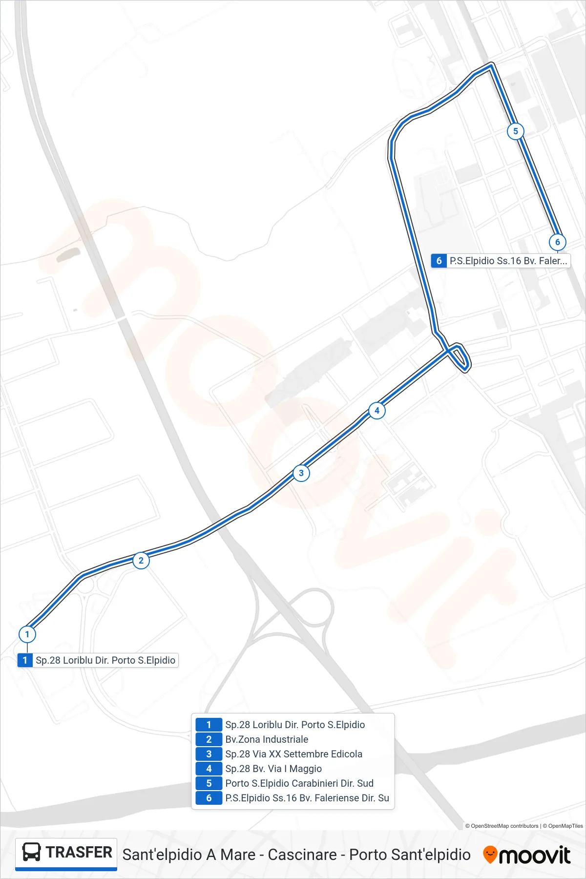 Linea TRASFER bus (P.S.Elpidio Ss.16 Bv. Faleriense Dir. Su) - Percorsi e fermate sulla mappa