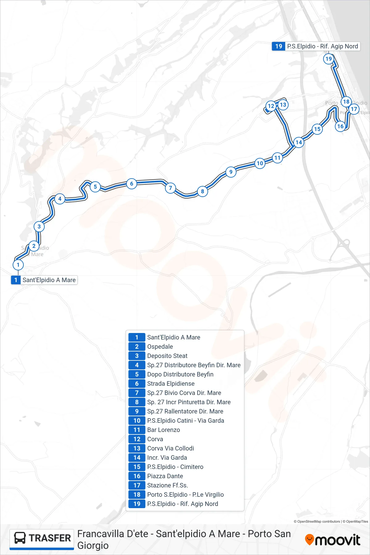 Linea TRASFER  bus (P.S.Elpidio - Rif. Agip Nord) - Percorsi e fermate sulla mappa