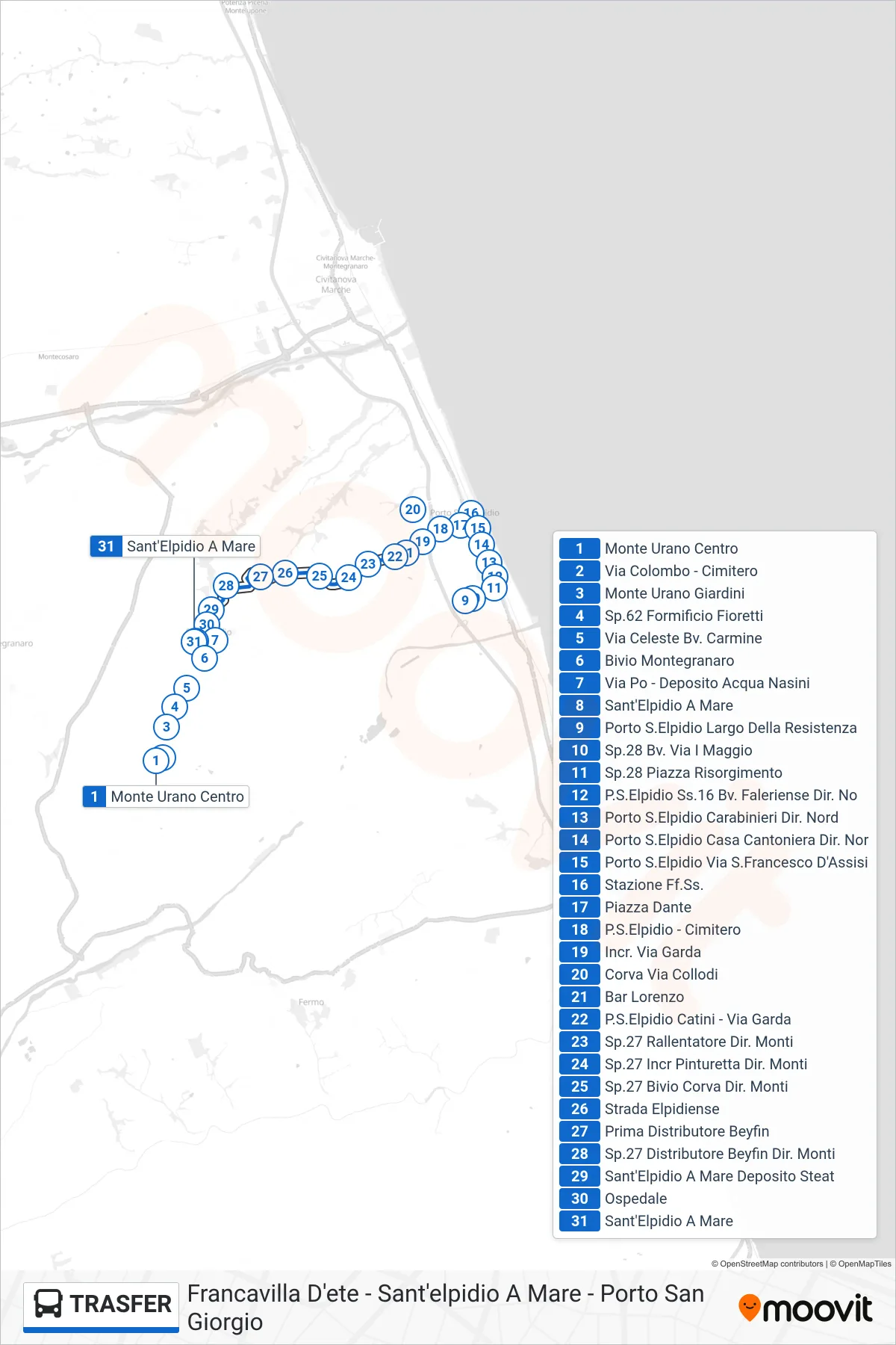 Linea TRASFER  bus (Sant'Elpidio A Mare) - Percorsi e fermate sulla mappa