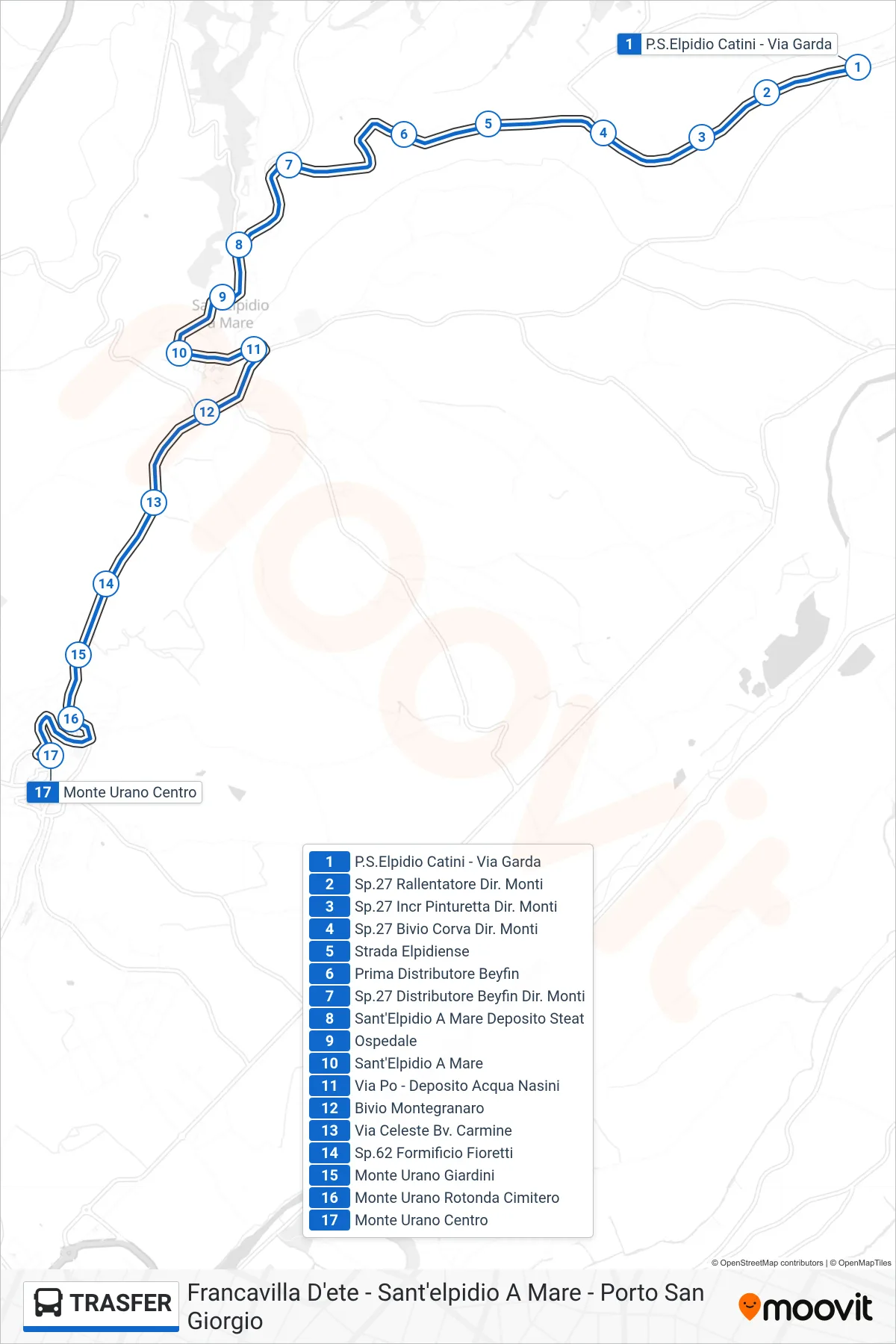 Linea TRASFER  bus (Monte Urano Centro) - Percorsi e fermate sulla mappa