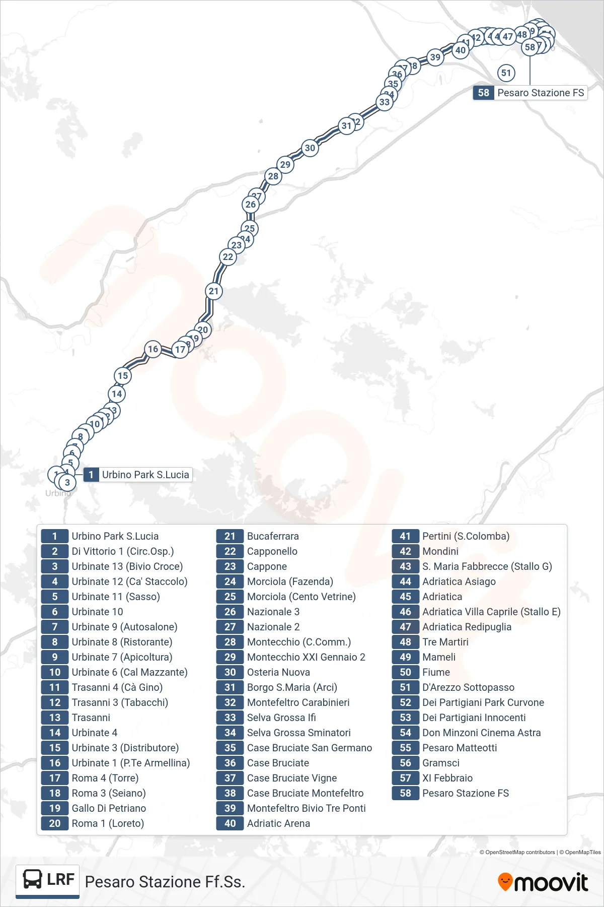 Linea LRF  bus (Pesaro Stazione Ff.Ss.) - Percorsi e fermate sulla mappa