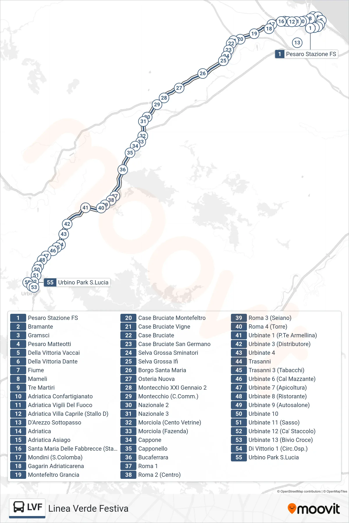 Linea LVF  bus (Urbino Park S.Lucia) - Percorsi e fermate sulla mappa